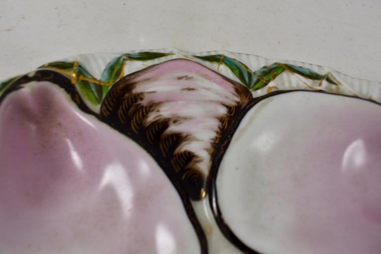 Aesthetic Movement Porcelain Half Moon Pink Shell on White and Gilded Oyster Plate For Sale