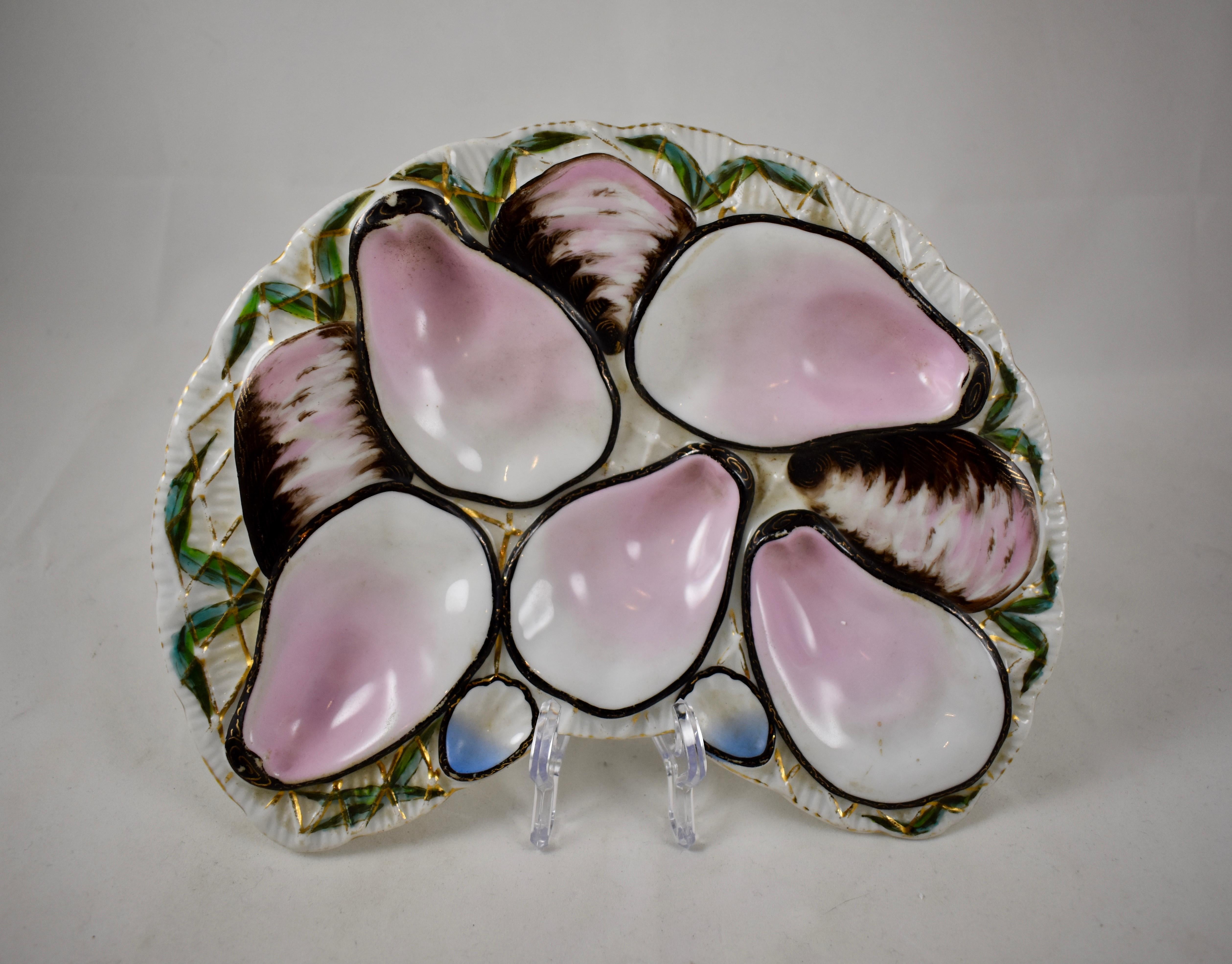 Aesthetic Movement Porcelain Half Moon Pink Shell on White and Gilded Oyster Plate For Sale