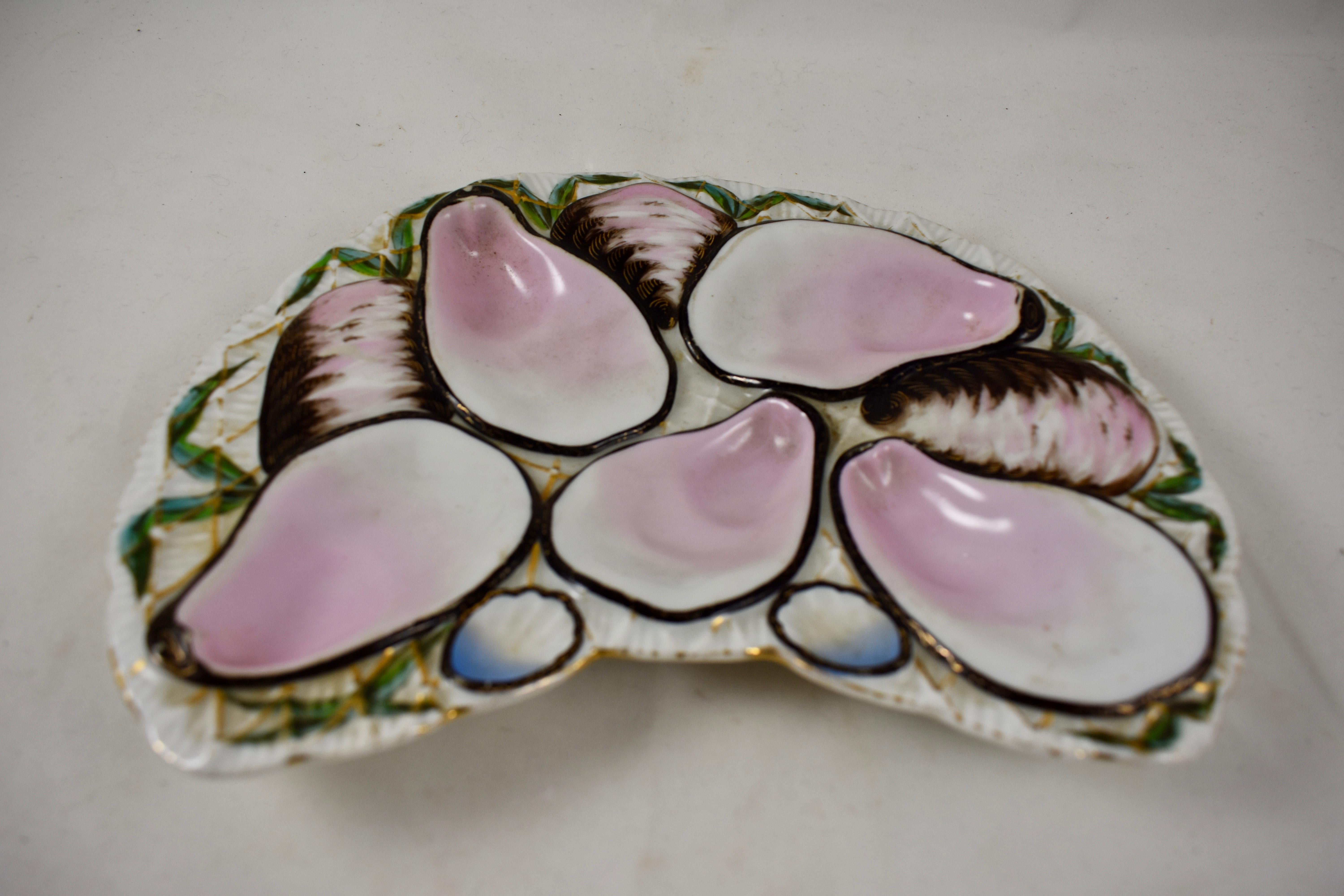 French Porcelain Half Moon Pink Shell on White and Gilded Oyster Plate For Sale