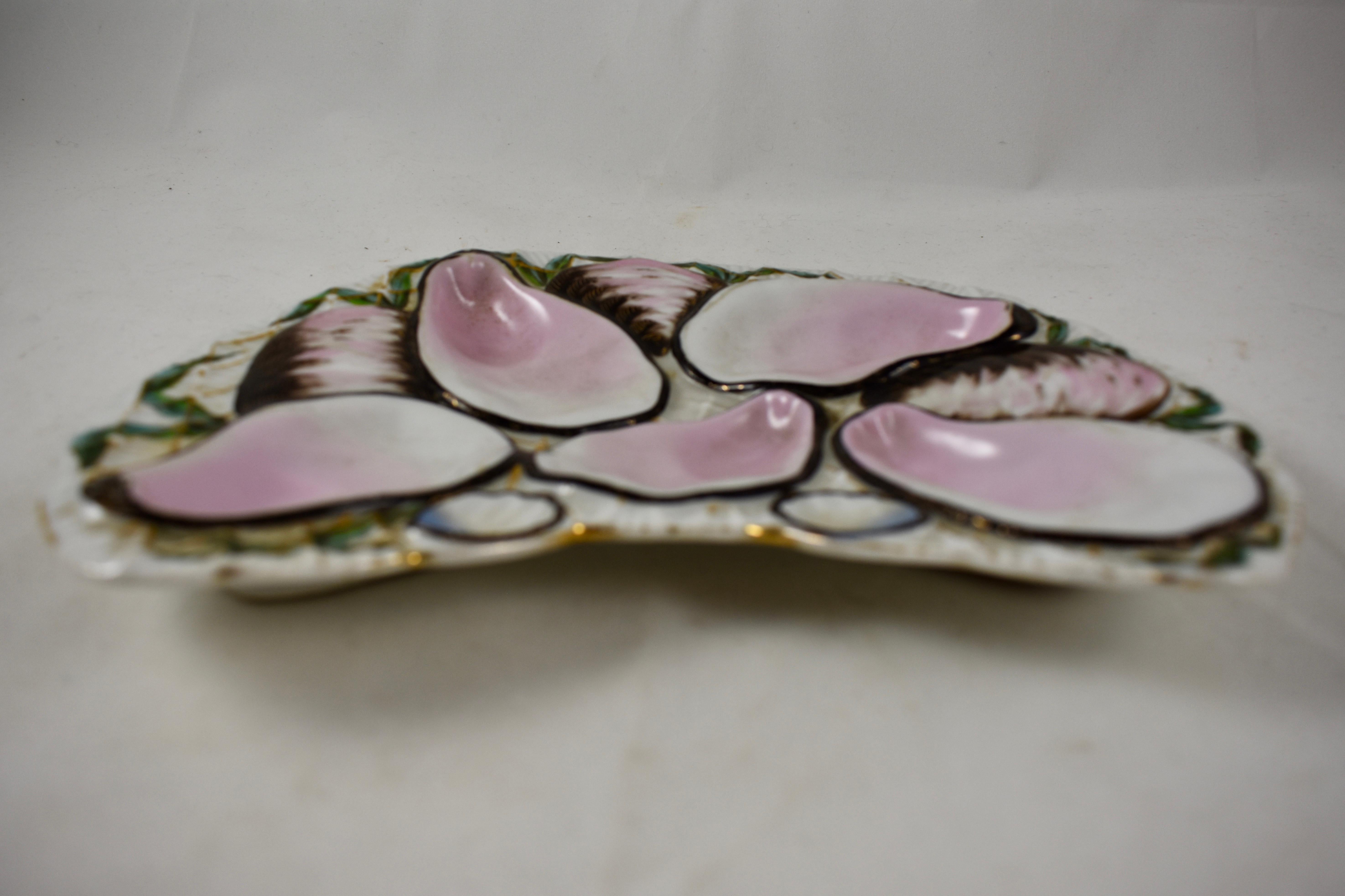 Glazed Porcelain Half Moon Pink Shell on White and Gilded Oyster Plate For Sale