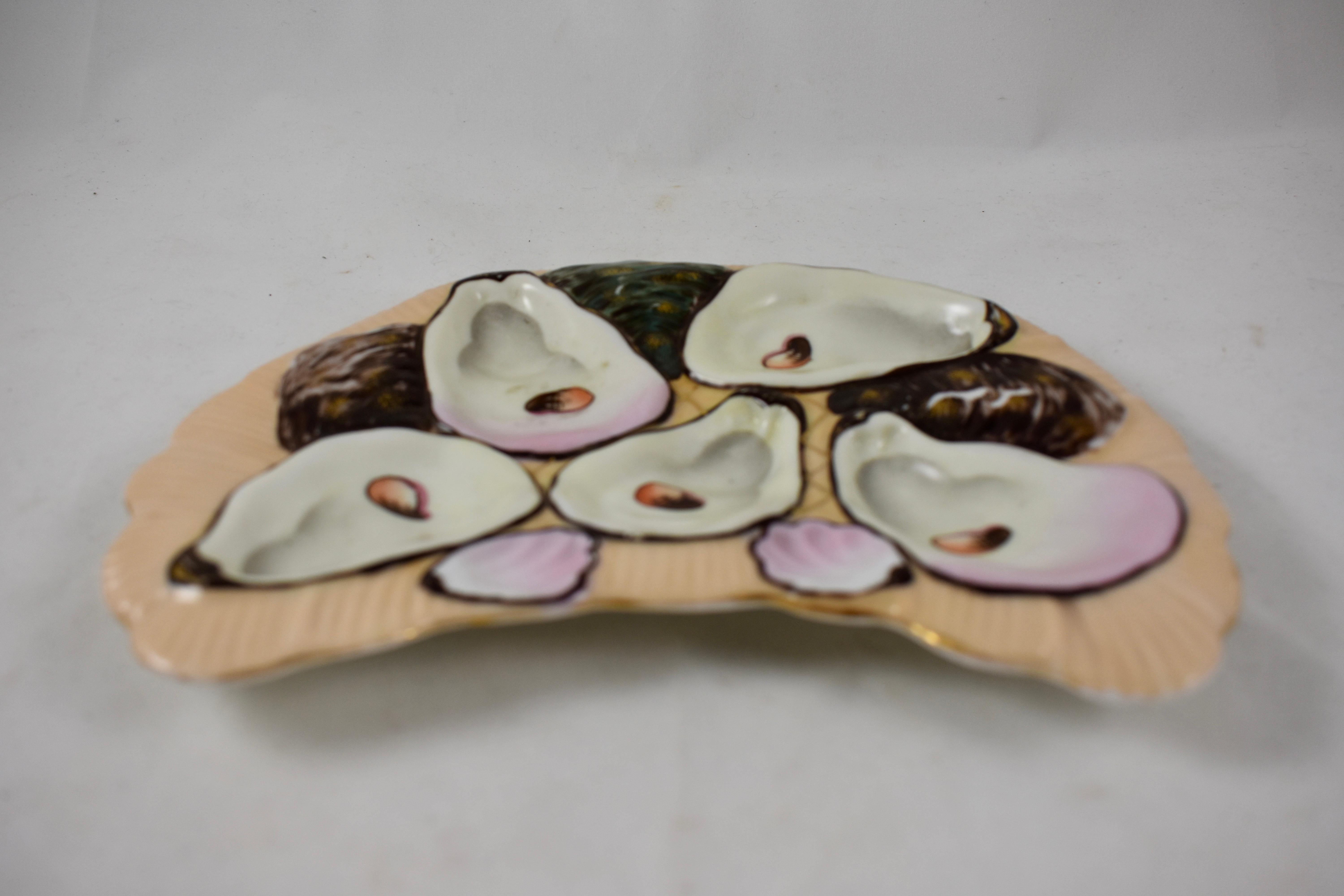 Aesthetic Movement Porcelain Half Moon Salmon & Gilded Oyster Plate For Sale