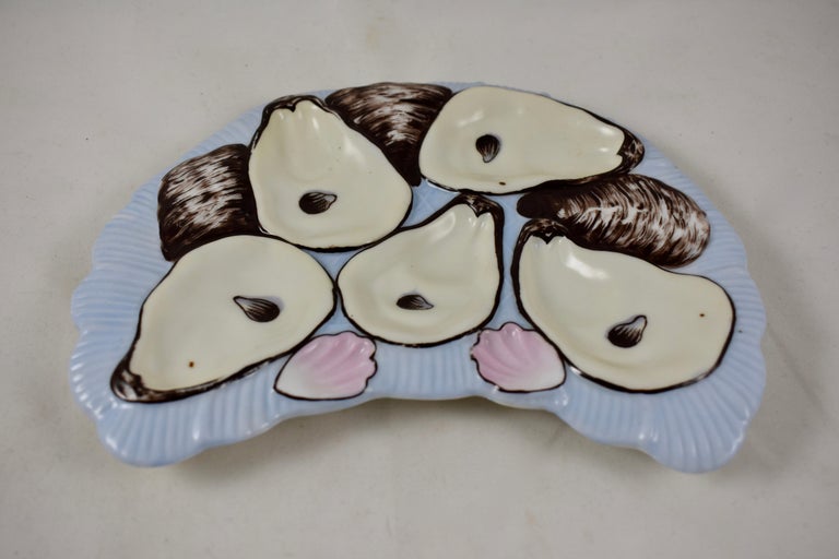 French Porcelain Half Moon Sky Blue and Pink Cockle Shell Oyster Plate For Sale