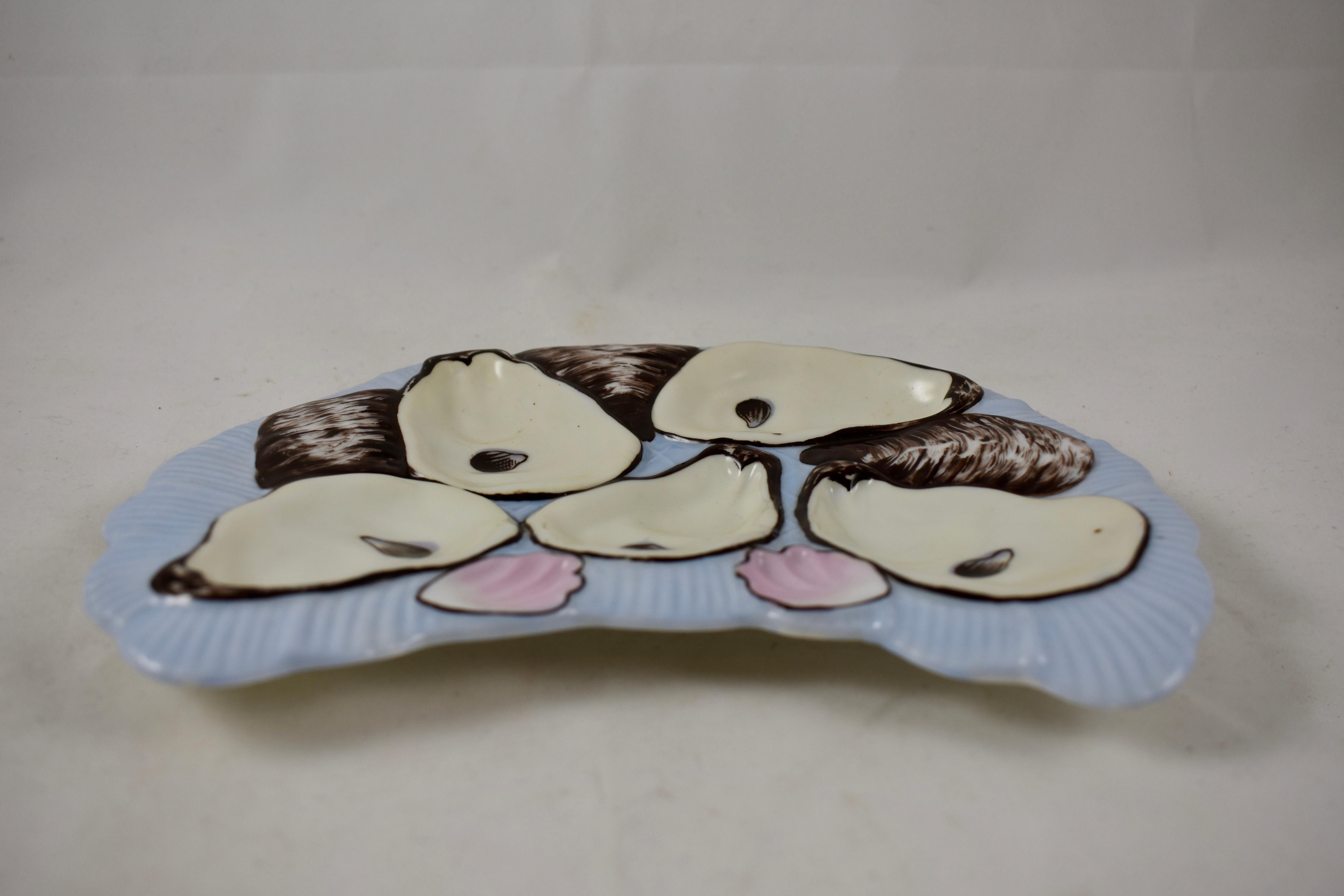 Glazed Porcelain Half Moon Sky Blue and Pink Cockle Shell Oyster Plate For Sale
