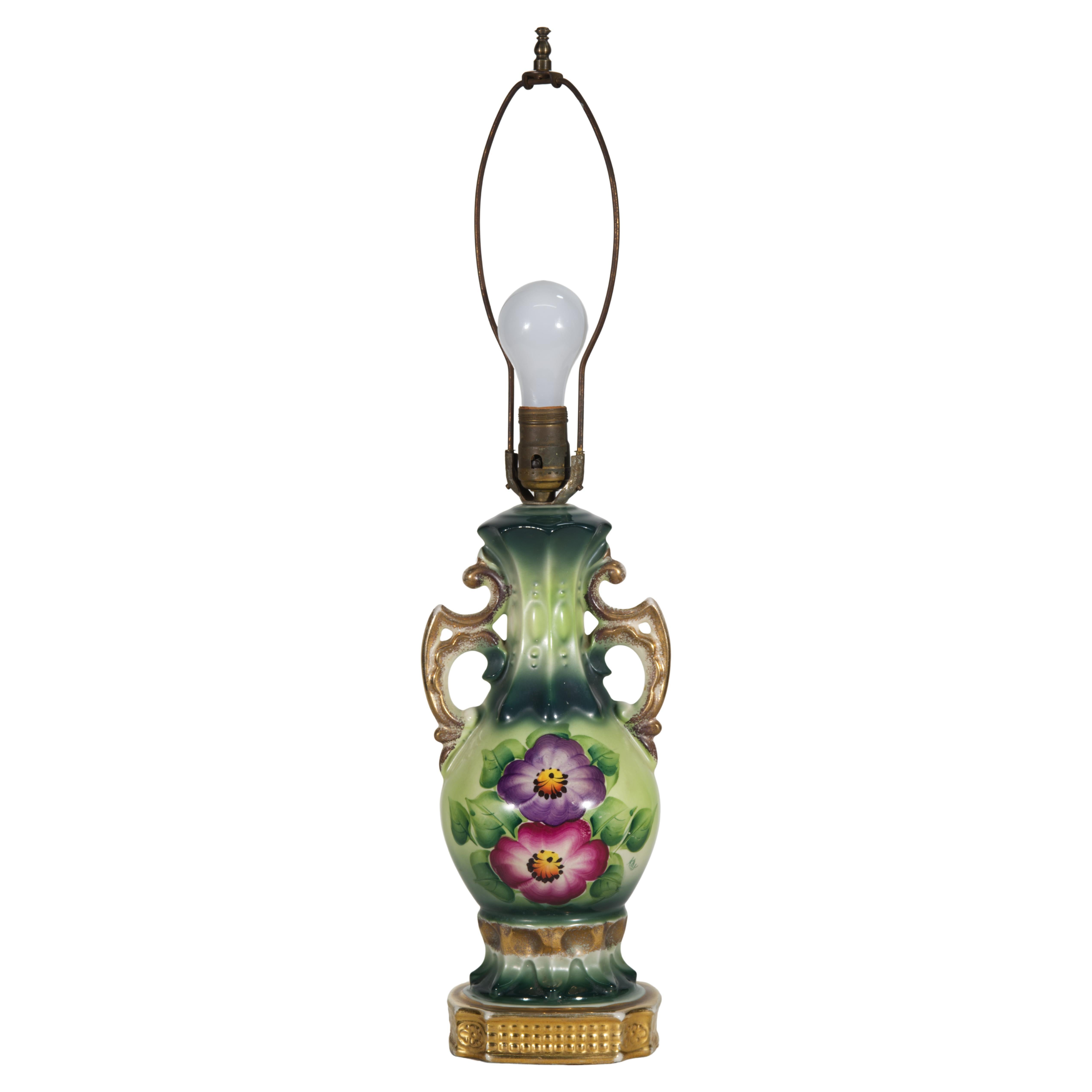Porcelain Hand-Painted Urn Table Lamp, Victorian Flowers Decor For Sale