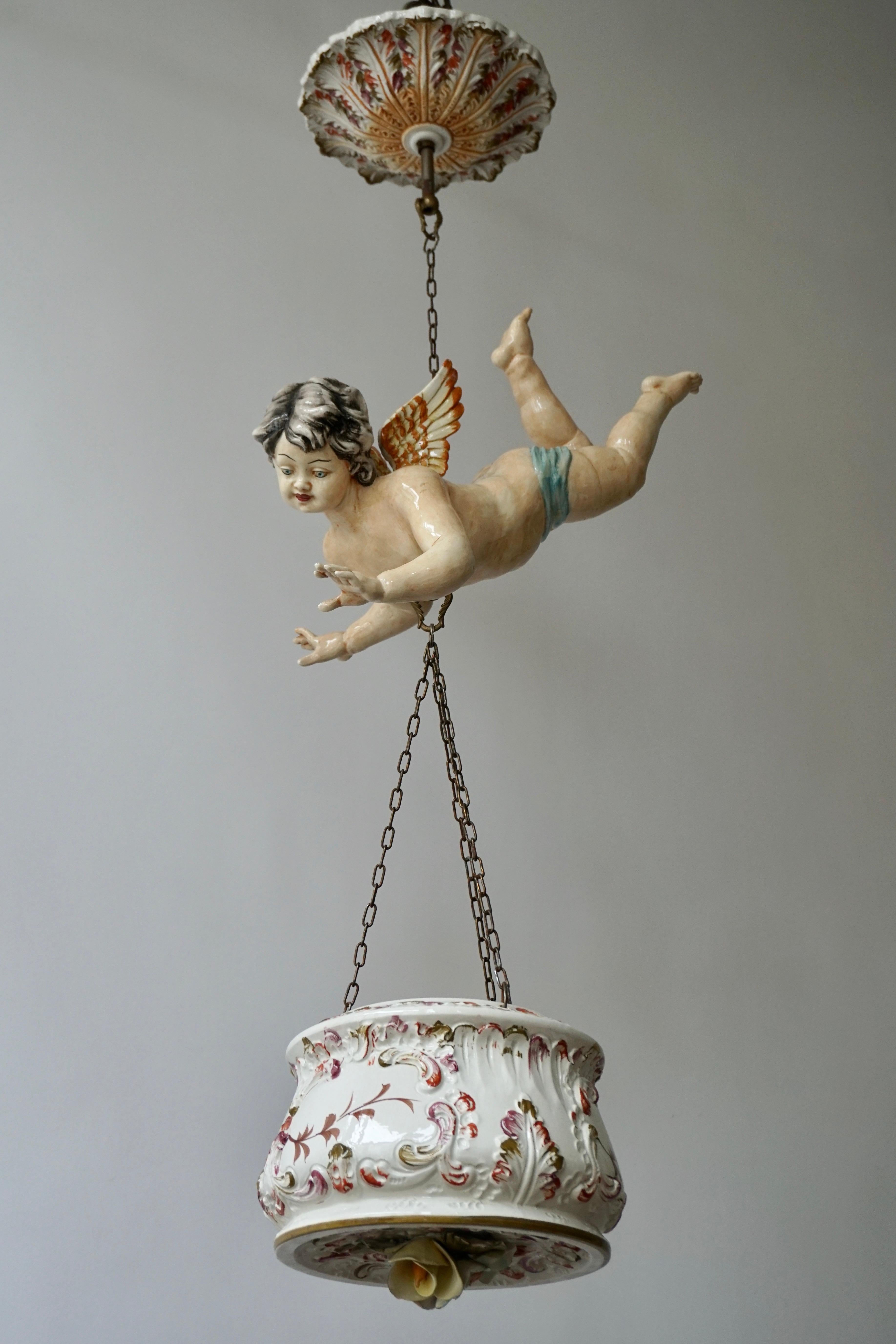 Hollywood Regency Porcelain Hanging Planter/Jardinière with Winged Putti