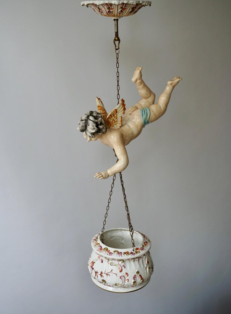 Italian Porcelain Hanging Planter/Jardinière with Winged Putti