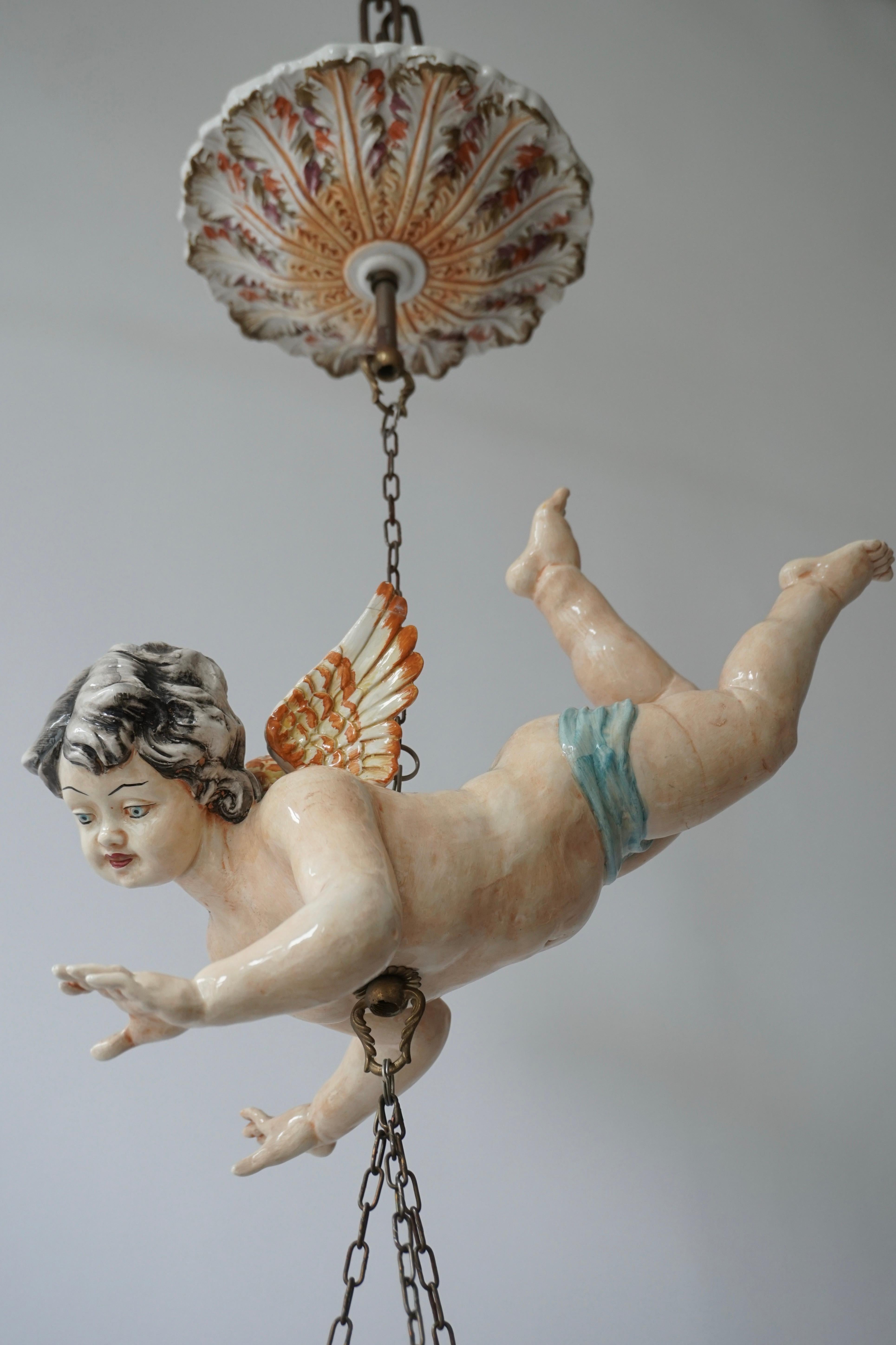 20th Century Porcelain Hanging Planter/Jardinière with Winged Putti