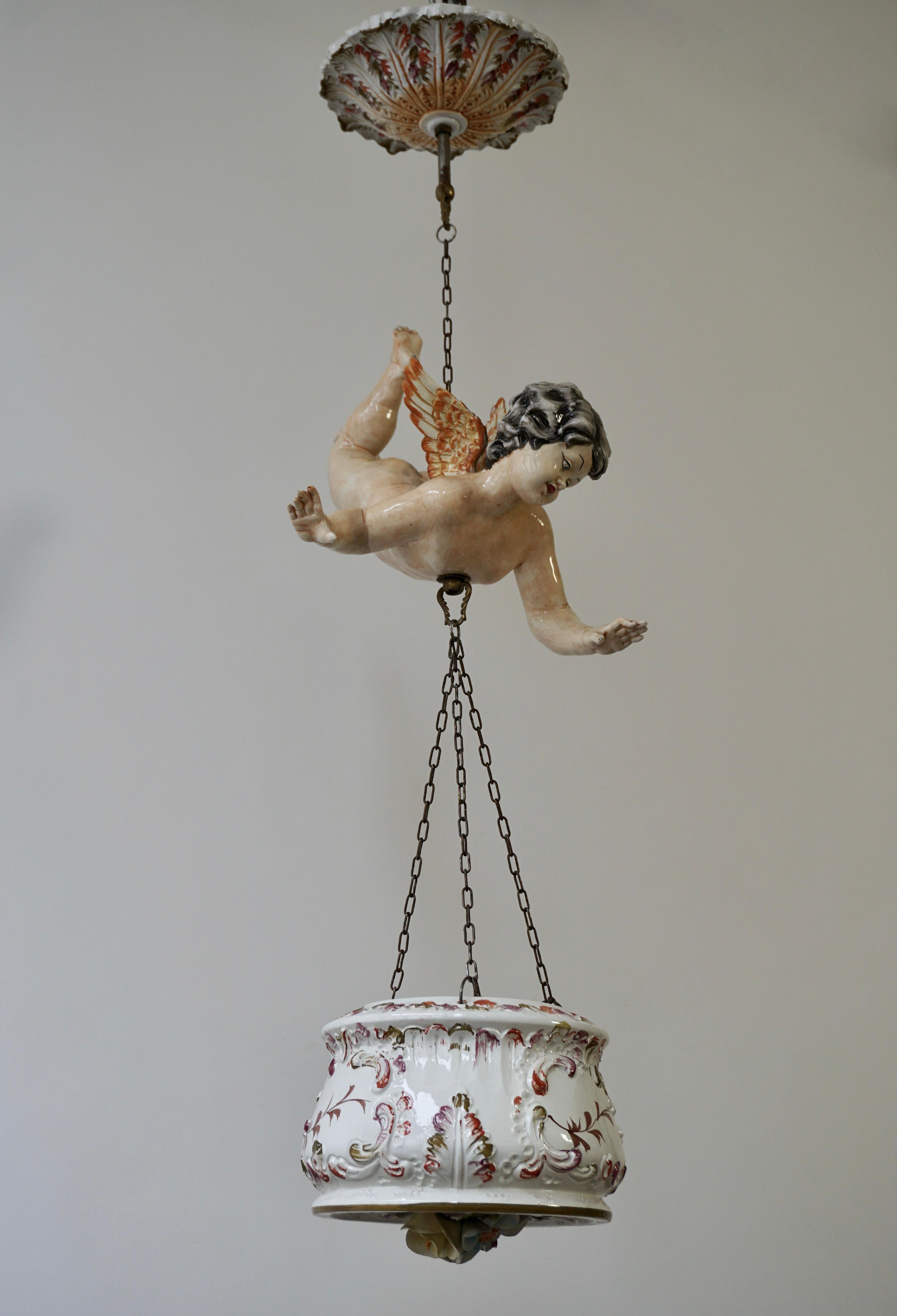 Brass Porcelain Hanging Planter/Jardinière with Winged Putti