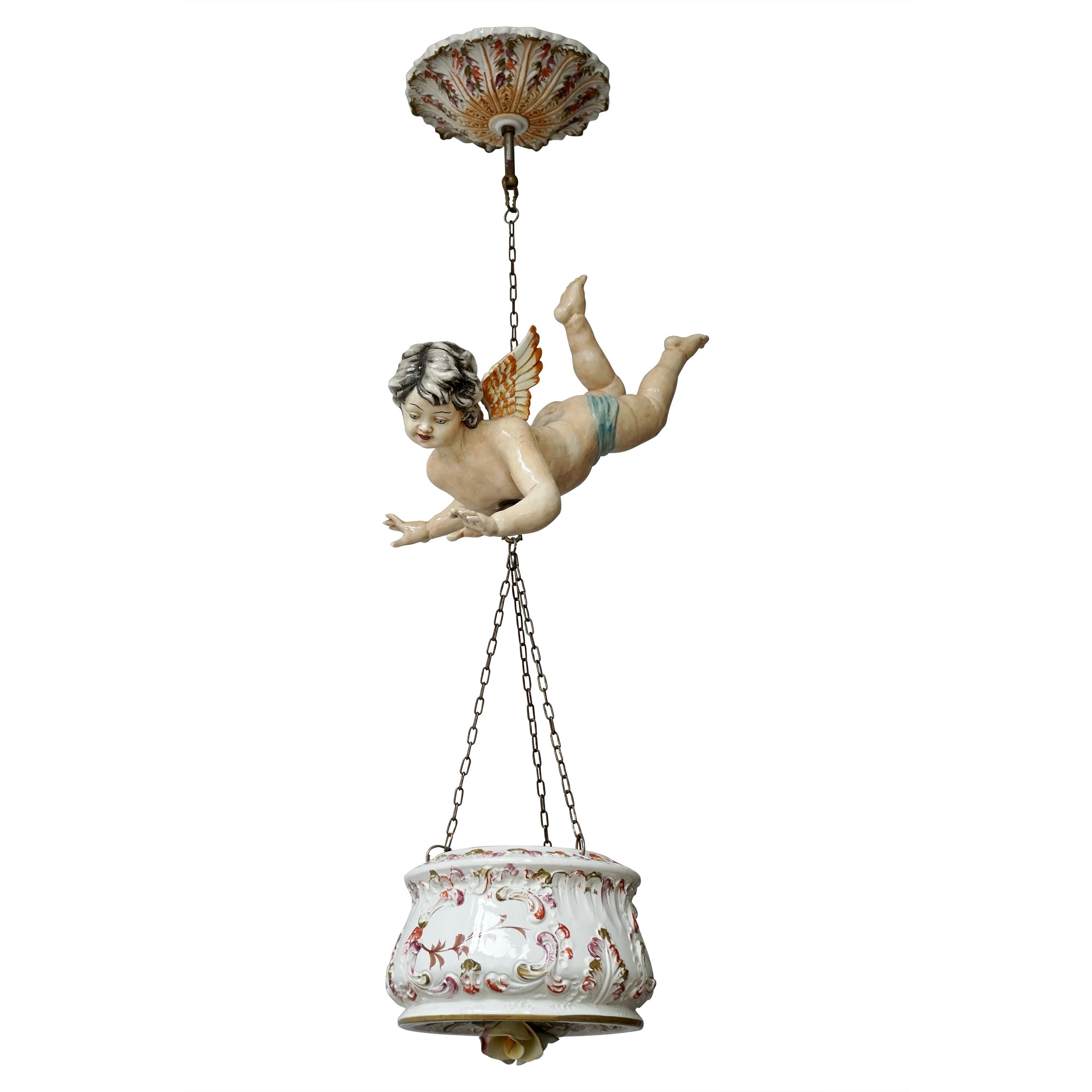 Porcelain Hanging Planter/Jardinière with Winged Putti