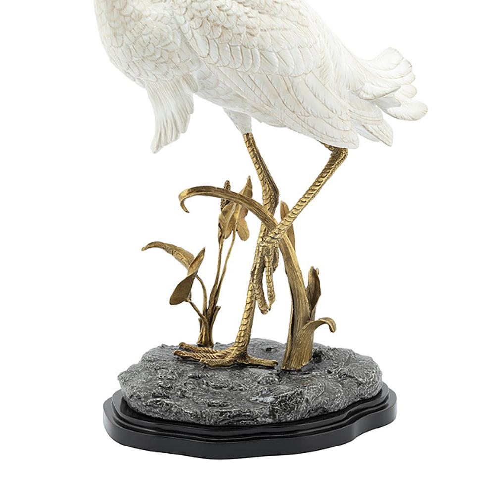 Italian Porcelain Heron Sculpture in Hand Painted Porcelain and Brass