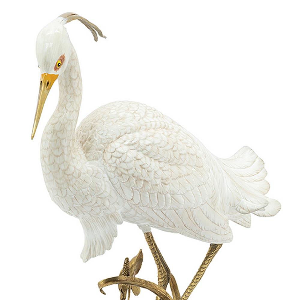 Hand-Crafted Porcelain Heron Sculpture in Hand Painted Porcelain and Brass