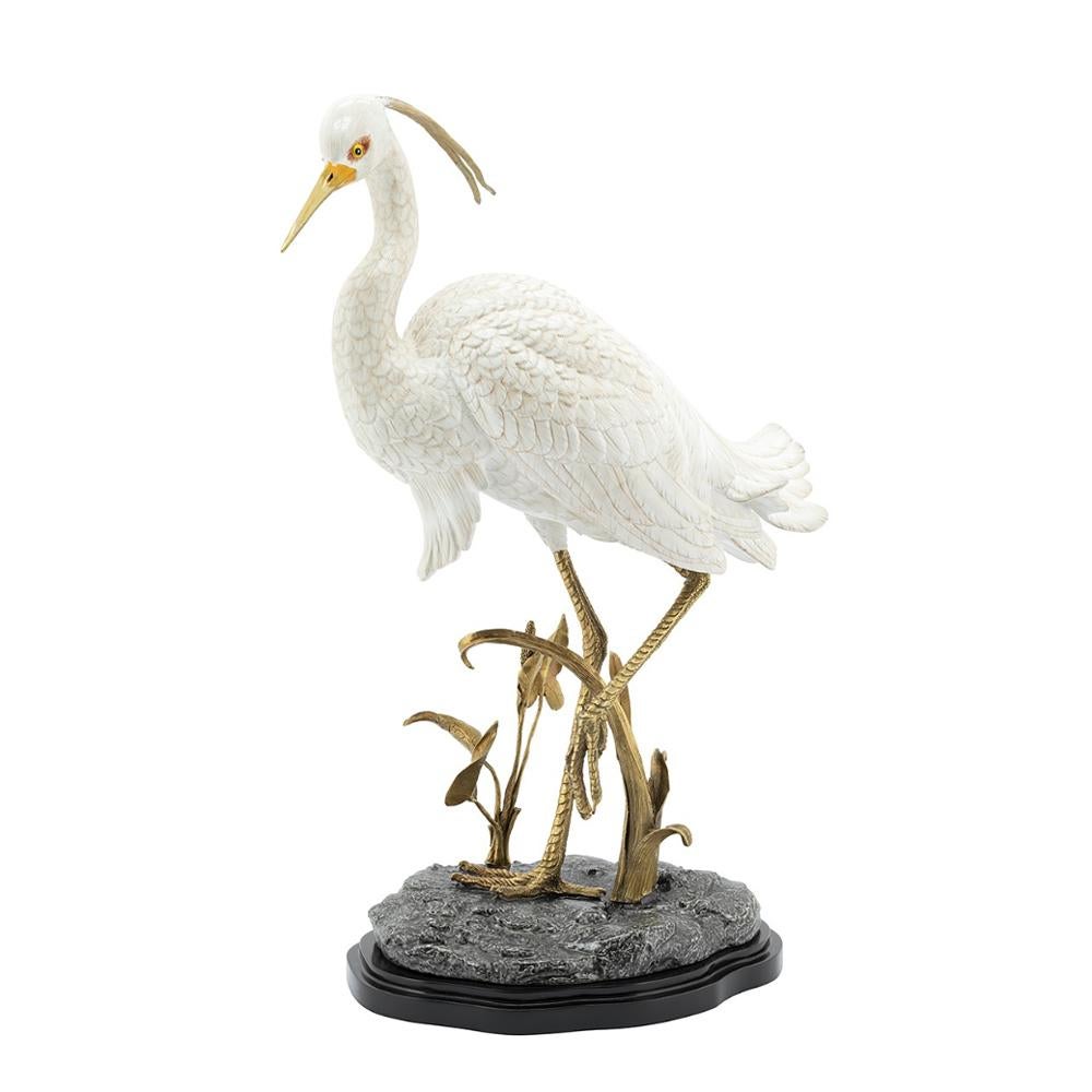 Porcelain Heron Sculpture in Hand Painted Porcelain and Brass