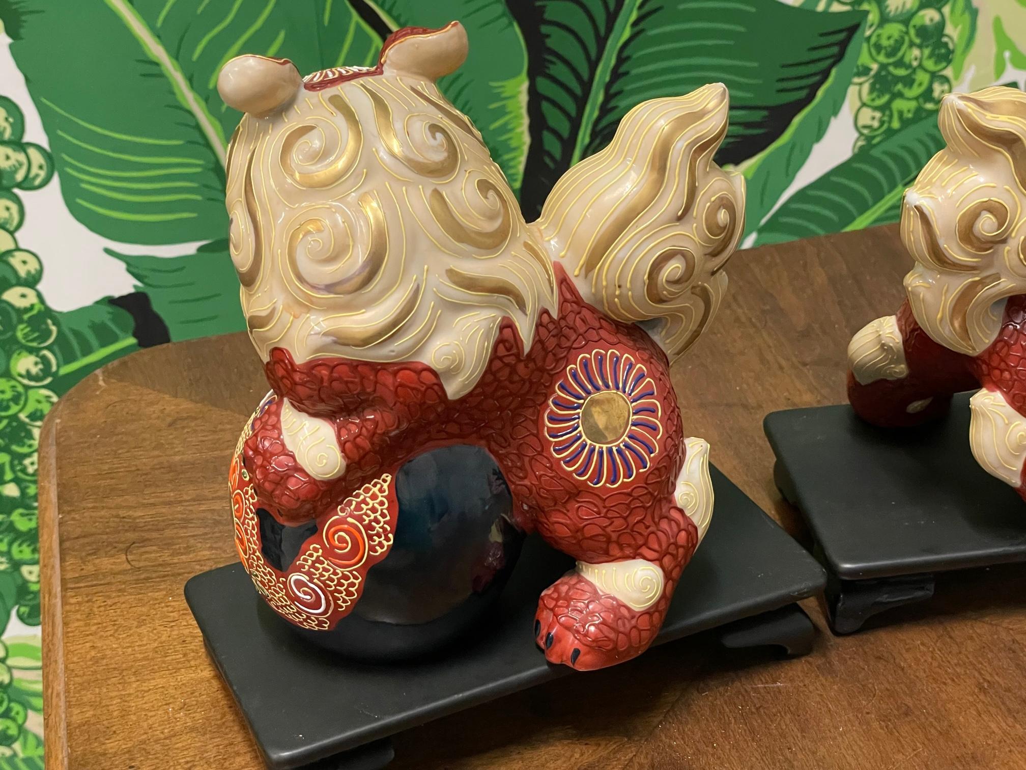 Porcelain Japanese Cinnabar Foo Dog Figurines on Stands For Sale 1
