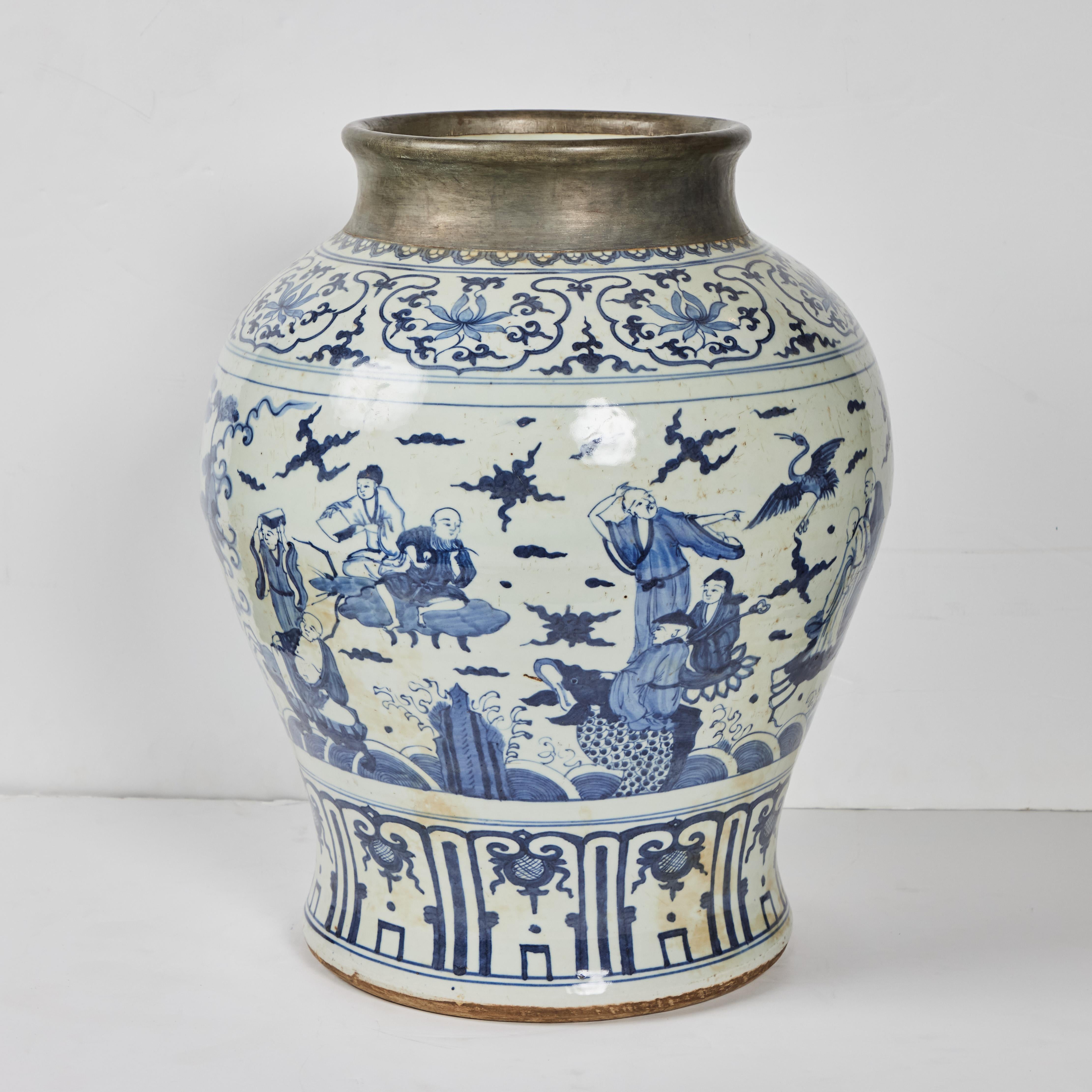 Yuan Dynasty- style jar with pewter rim (as used in Spice Road), featuring hand-painted scenes of figures in a garden.  Republic period.