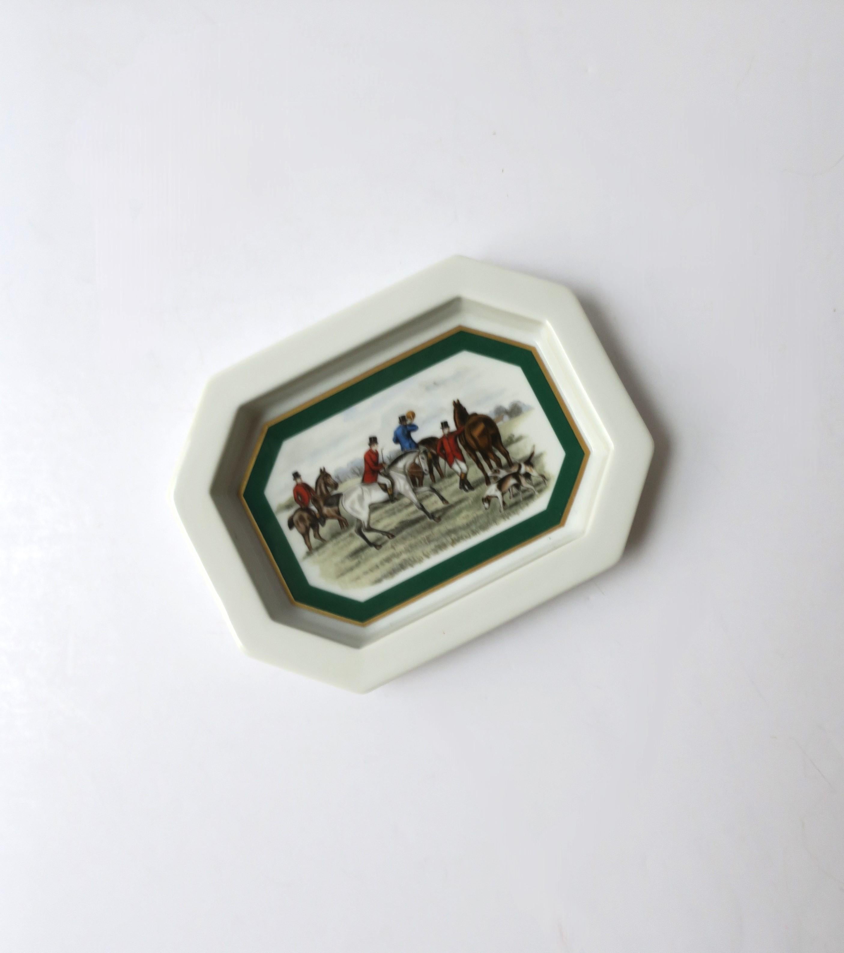 Glazed Porcelain Jewelry Dish with Equestrian Horse Scene For Sale