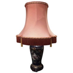 Porcelain Lamp with Romantic Scene Complete with Handmade Silk Shade