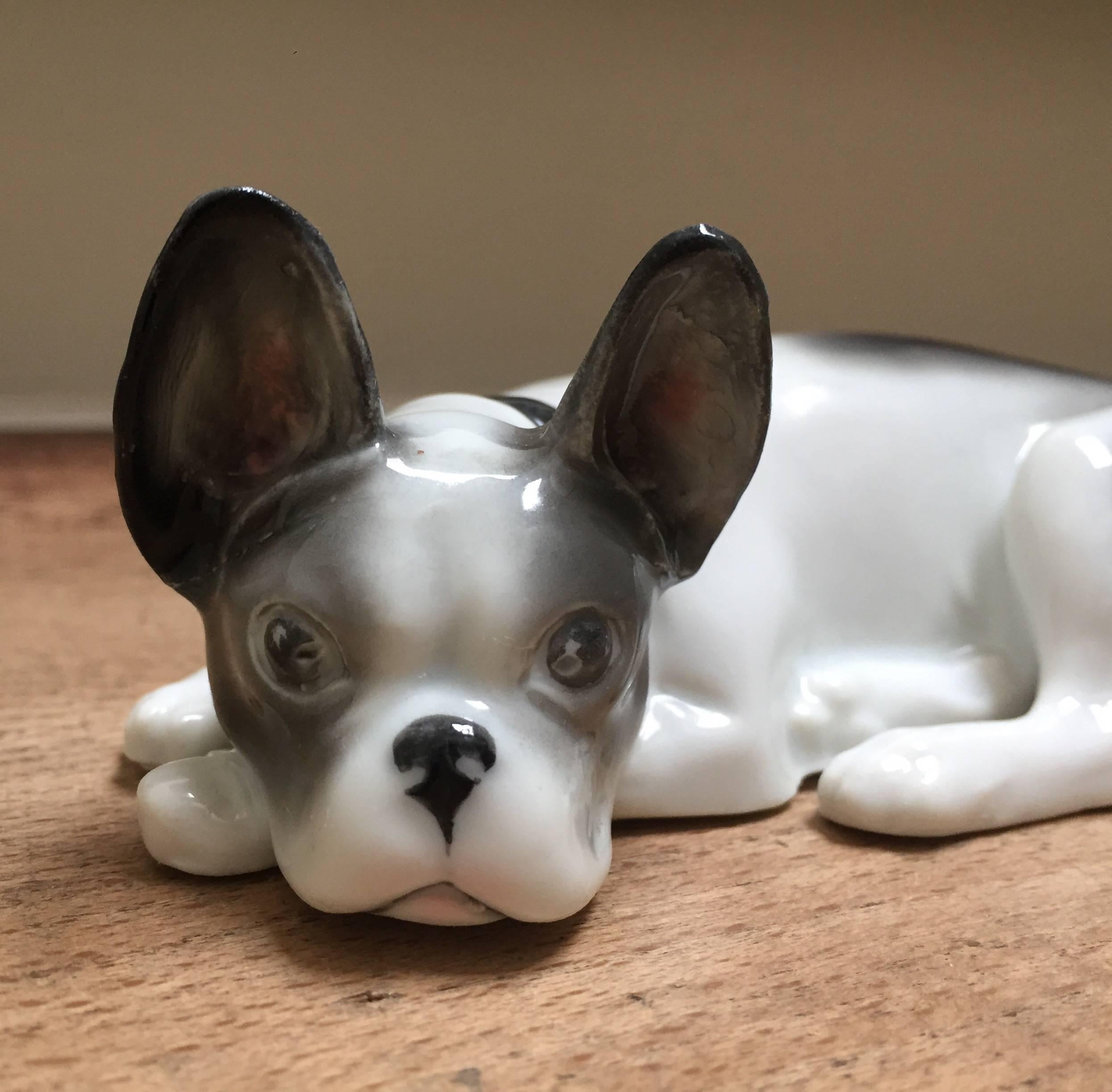Charming lying porcelain dog figurine, French Bulldog puppy, Bully, Art Deco period.
Made by the porcelain and faience factory Pfeffer Gotha Germany.
According to the stamp produced between 1934 and 1942. The factory has been closed in 1942.