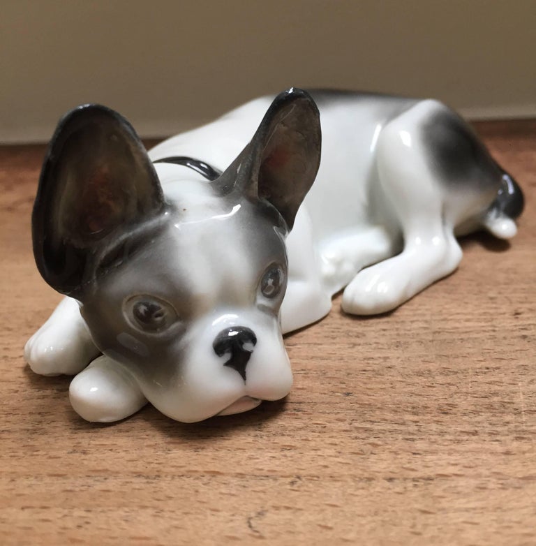 Porcelain lying French Bulldog Puppy, Pfeffer Gotha Germany, 19341942