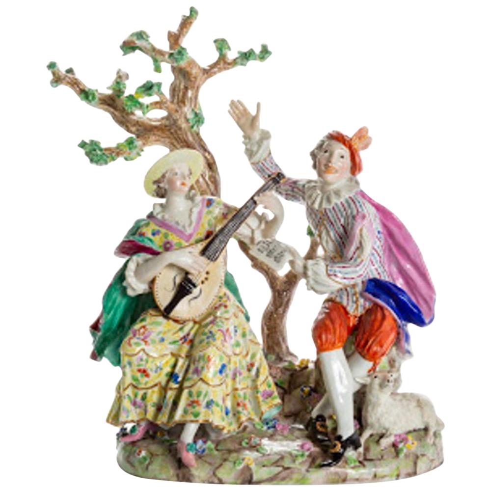 Porcelain Man and Woman Playing Music Under Tree, Germany For Sale