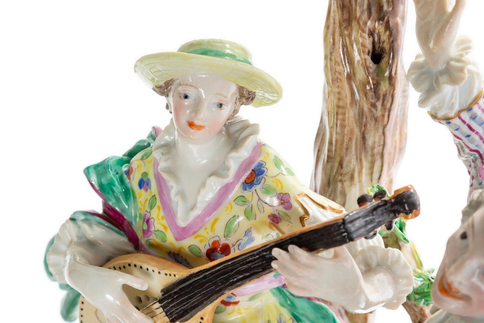 Porcelain Man and Woman Playing Music Under Tree, Germany For Sale 1