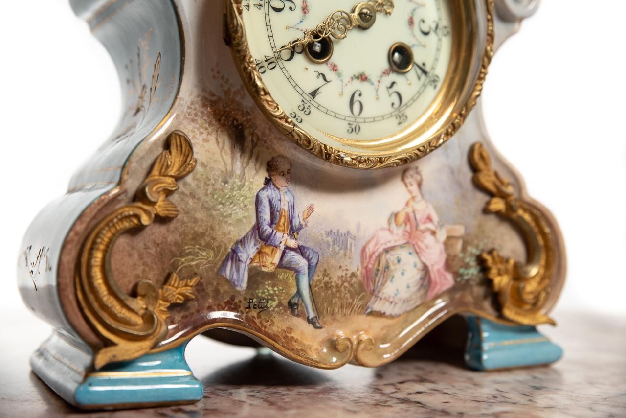 Late Victorian Porcelain Mantle Clock by S Marti of Paris, France, 1889