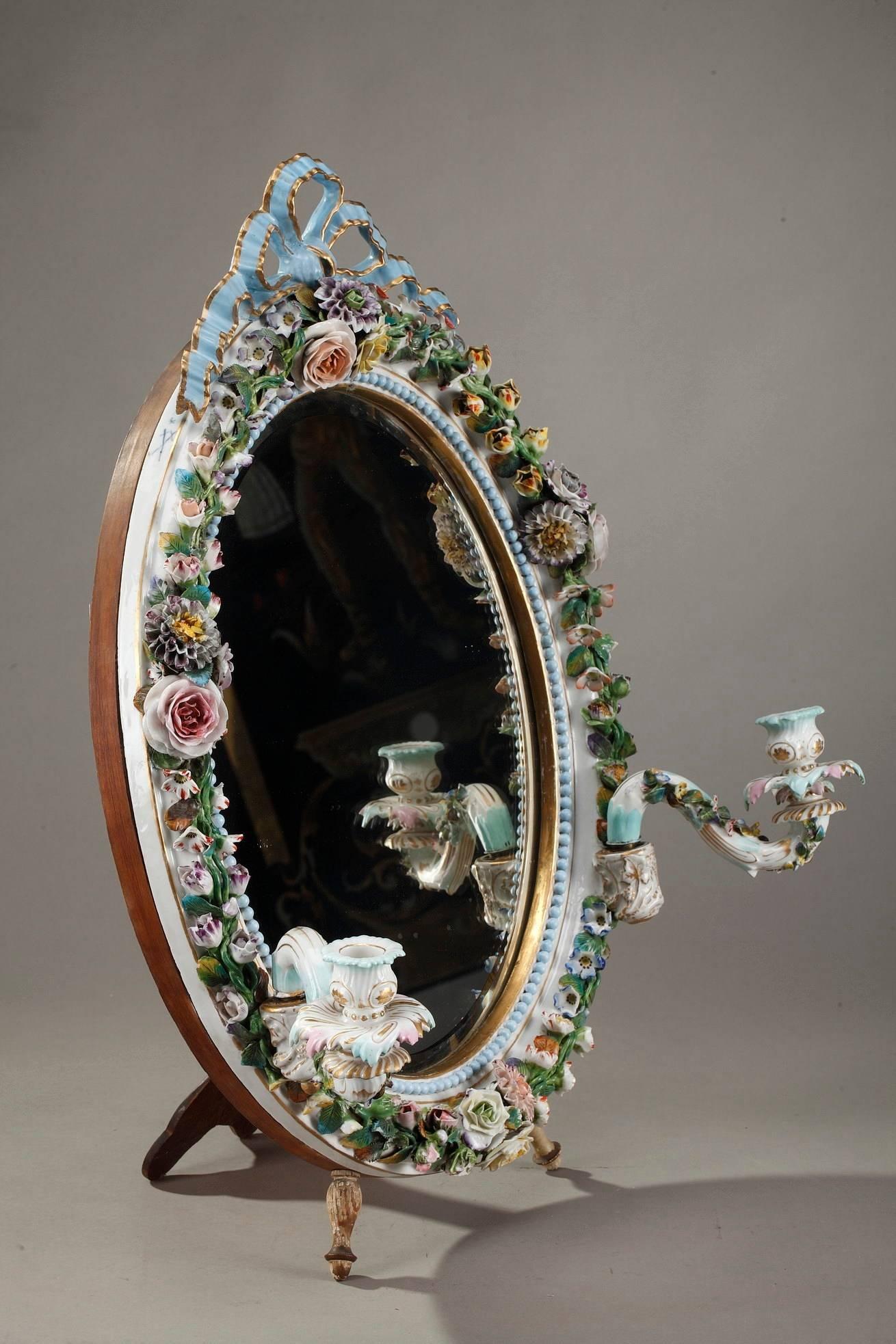 Porcelain Mirror with Barbotine Floral Decoration in Meissen Style 6
