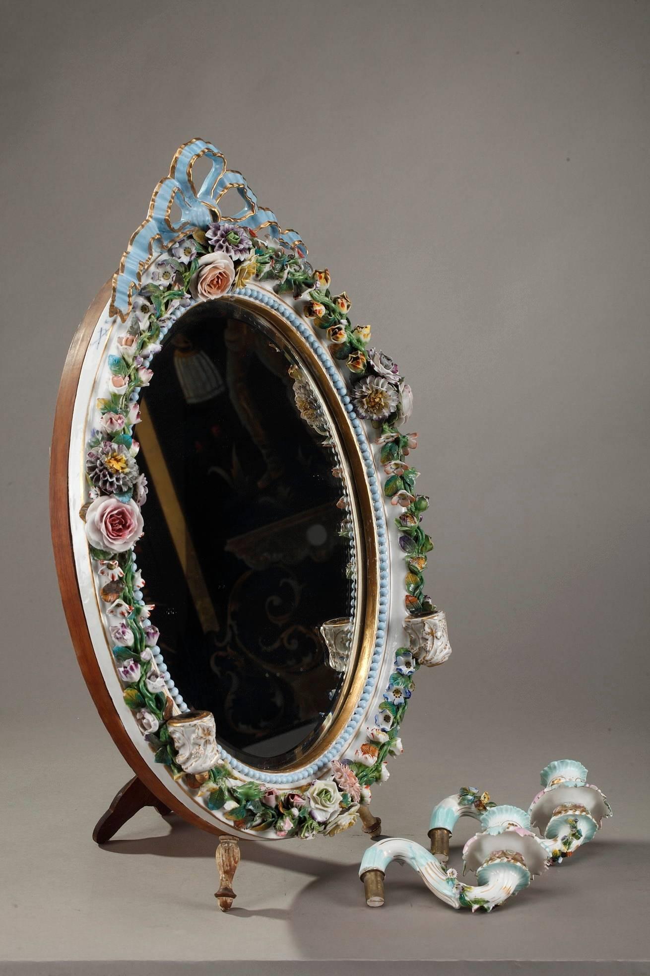 Porcelain Mirror with Barbotine Floral Decoration in Meissen Style 8