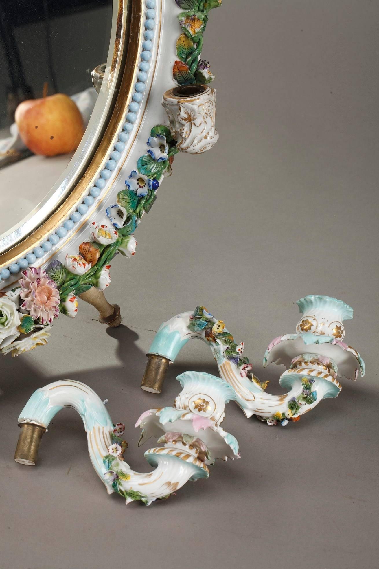 Porcelain Mirror with Barbotine Floral Decoration in Meissen Style 9