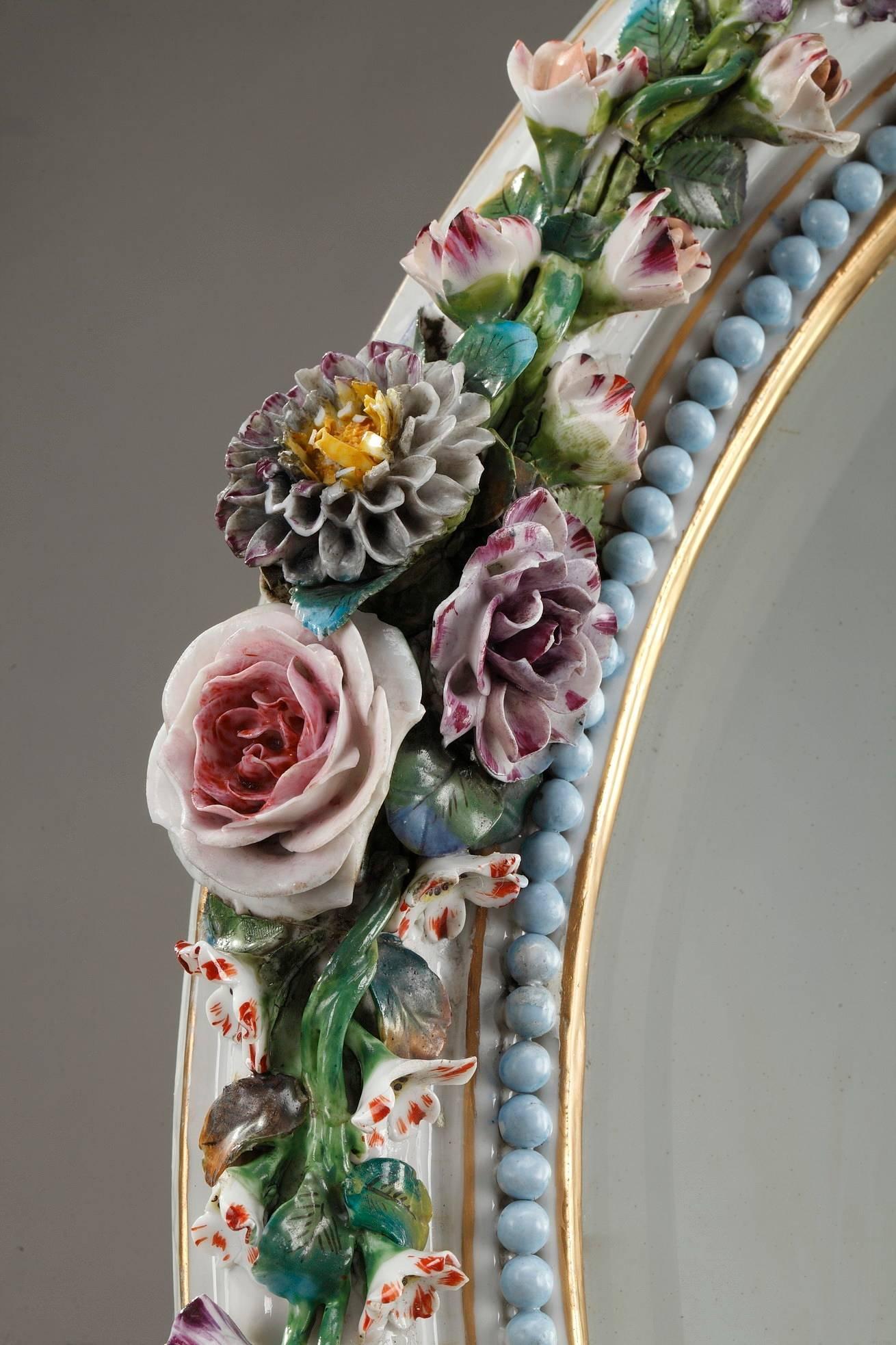 Rococo Porcelain Mirror with Barbotine Floral Decoration in Meissen Style