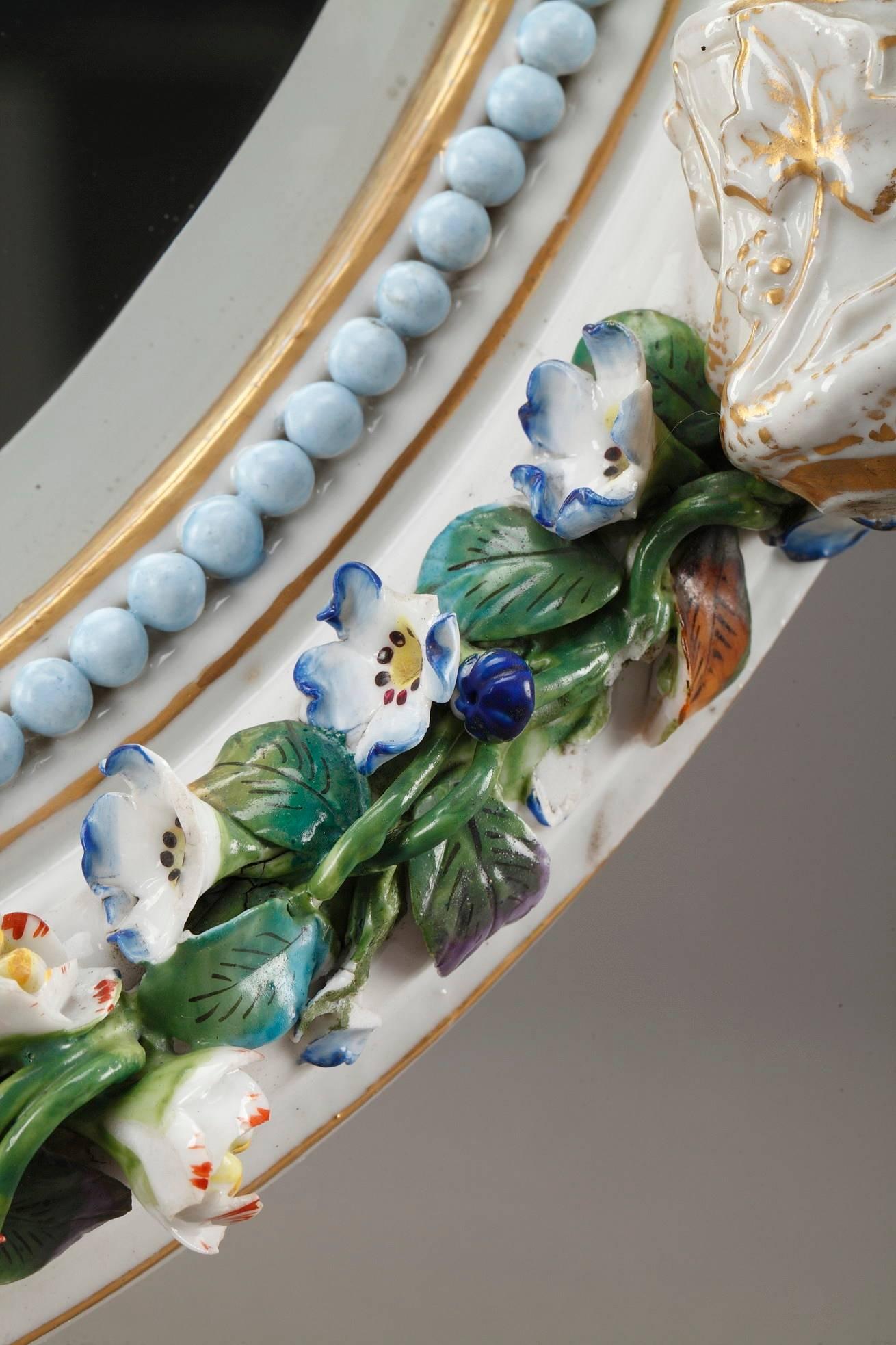 19th Century Porcelain Mirror with Barbotine Floral Decoration in Meissen Style