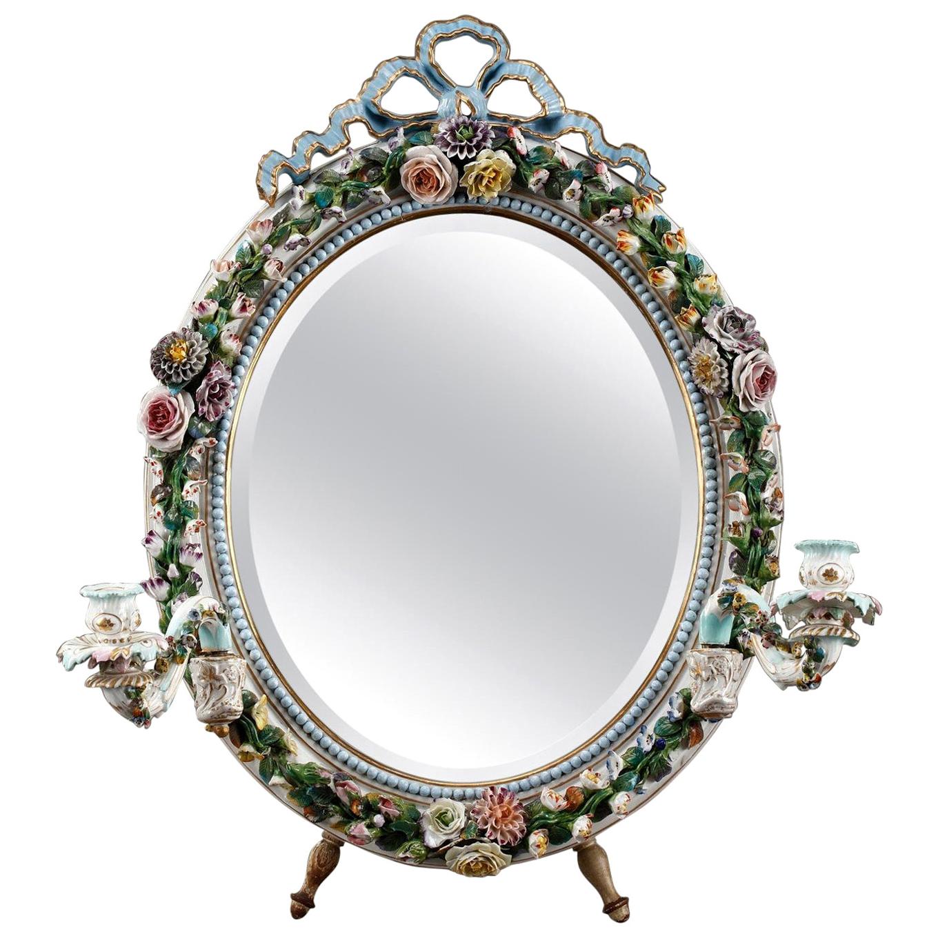 Porcelain Mirror with Barbotine Floral Decoration in Meissen Style