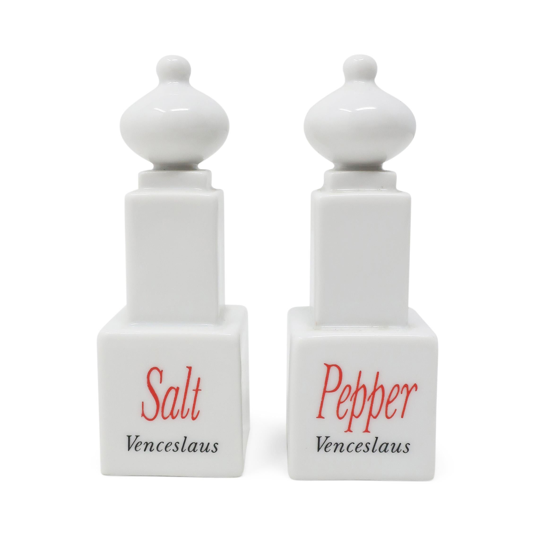 This pair is part of a series of 6 'Monumenti' pepper & salt shakers, inspired by ancient buildings and monuments designed by Matteo Thun for Arzberg in 1987. Thun is a well-know Italian architect, designer, and co-founder of the Memphis Group and