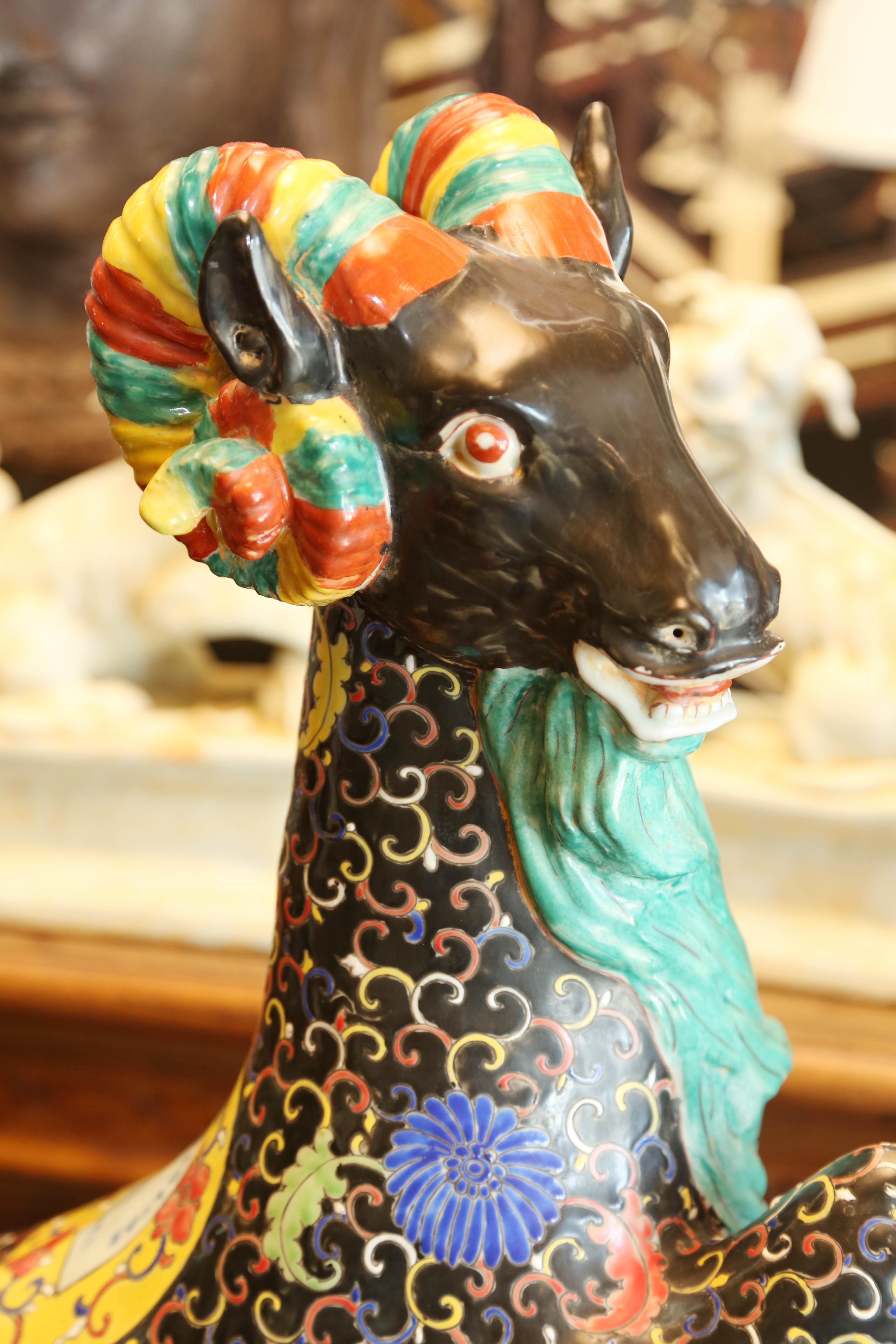 Chinoiserie Porcelain Mountain Ram Fine Porcelain from Private Chinese Collection For Sale