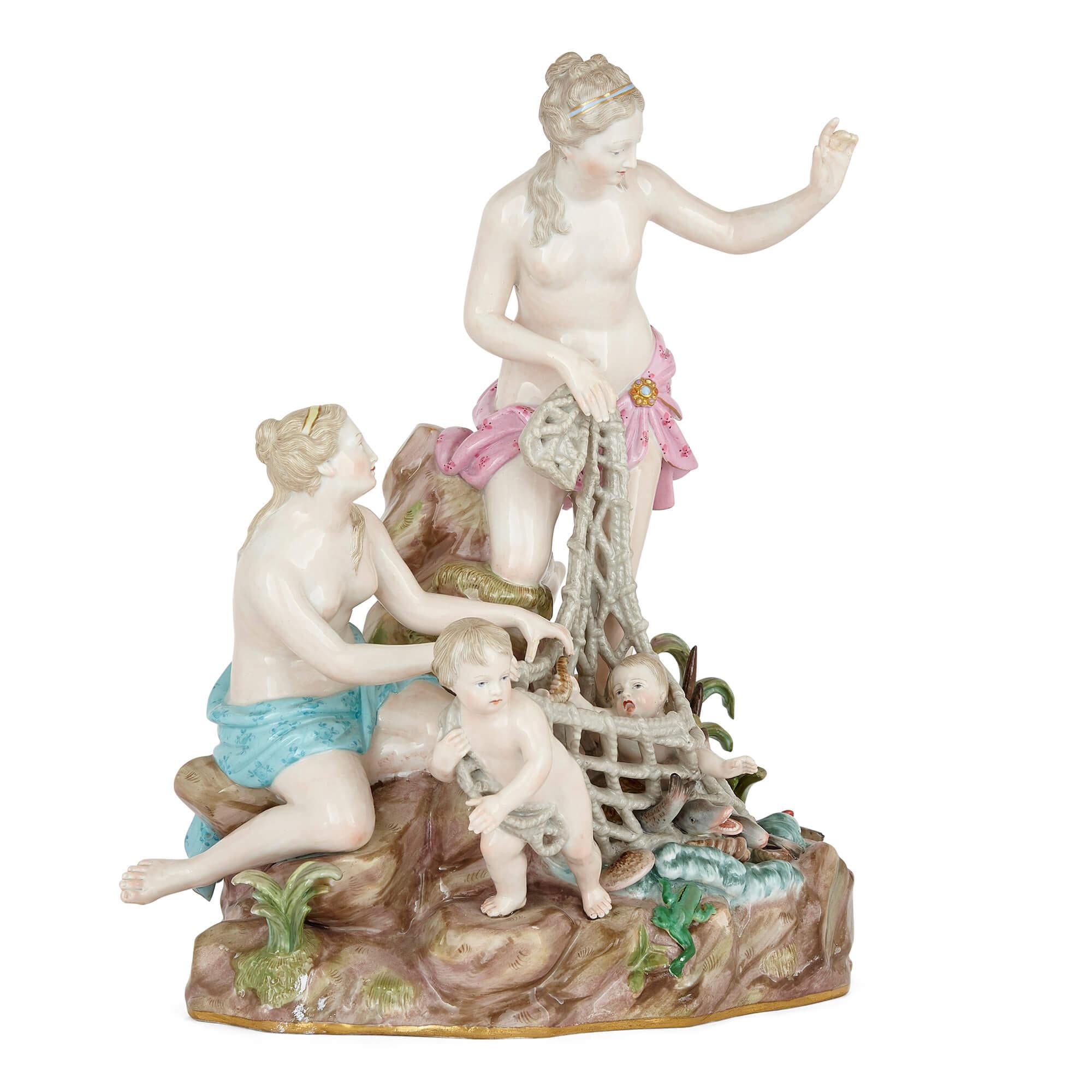 Porcelain mythological group of Triton by Meissen
German, 19th century
Measures: Height 31cm, width 27cm, depth 17cm

This large and impressive Meissen porcelain group depicts a mythological subject: two water nymphs, with the aid of a putto,