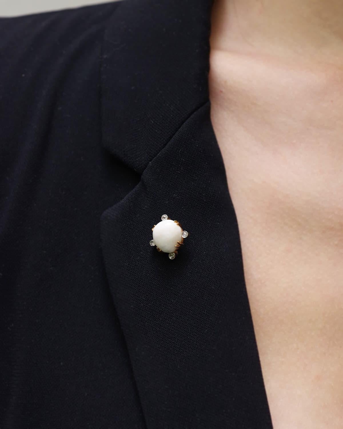 Taille rose Épingle de cravate en porcelaine et perles naturelles en or 14k, épingle de cravate édouardienne, diamant. en vente