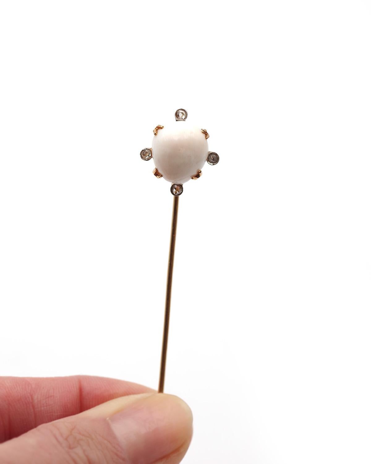 Épingle de cravate en porcelaine et perles naturelles en or 14k, épingle de cravate édouardienne, diamant. Pour hommes en vente