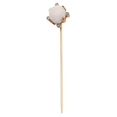 Porcelain natural pearl pin tie in 14k gold, Edwardian tie pin, diamond