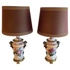Porcelain Oil Lamps Converted to Table Lamps with Bacchus Masks, circa 1870