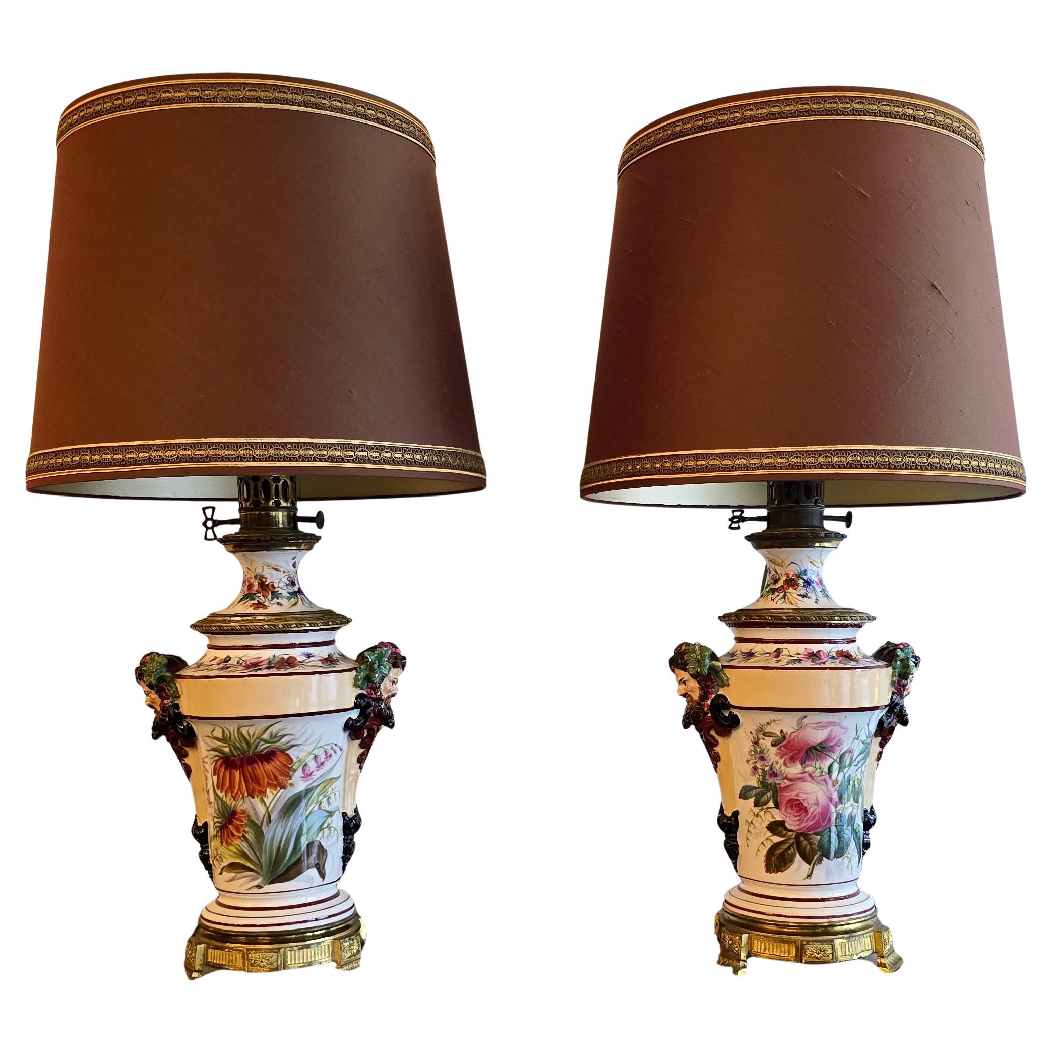 Lampes à huile en porcelaine transformées en lampes de table avec masques de Bacchus, vers 1870 en vente