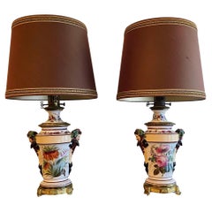 Antique Porcelain Oil Lamps Converted to Table Lamps with Bacchus Masks, circa 1870