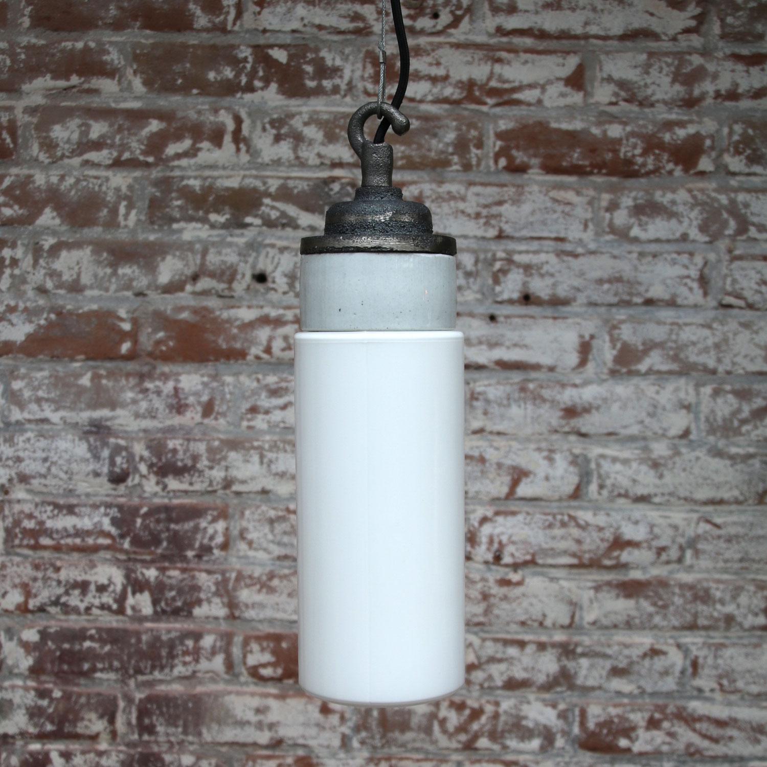 Porcelain Opaline Glass Industrial Cast Iron Hanging Lights In Excellent Condition In Amsterdam, NL
