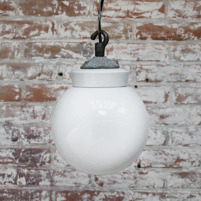 Porcelain Opaline Glass Vintage Industrial Cast Iron Hanging Light