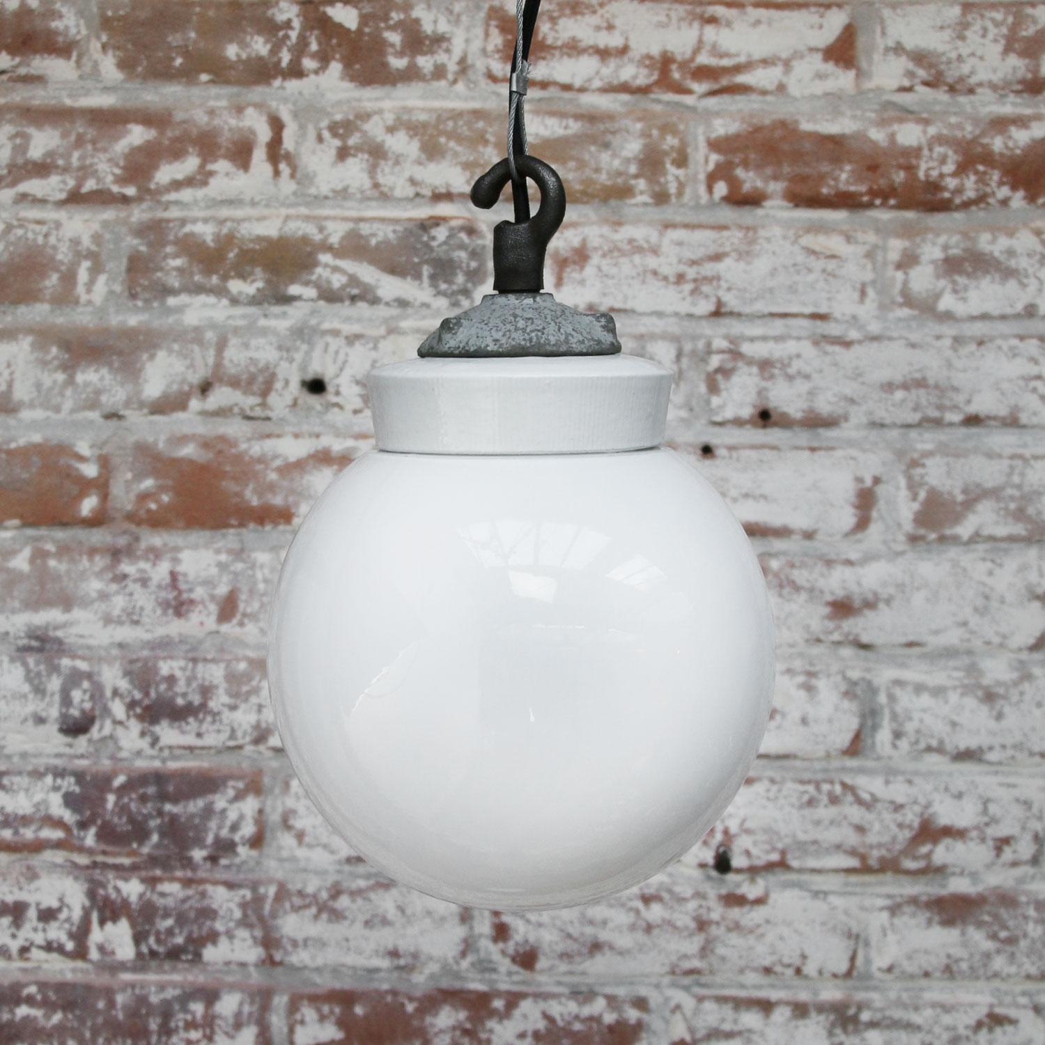 Porcelain Opaline Glass Vintage Industrial Cast Iron Hanging Light Pendants (2x) In Good Condition In Amsterdam, NL