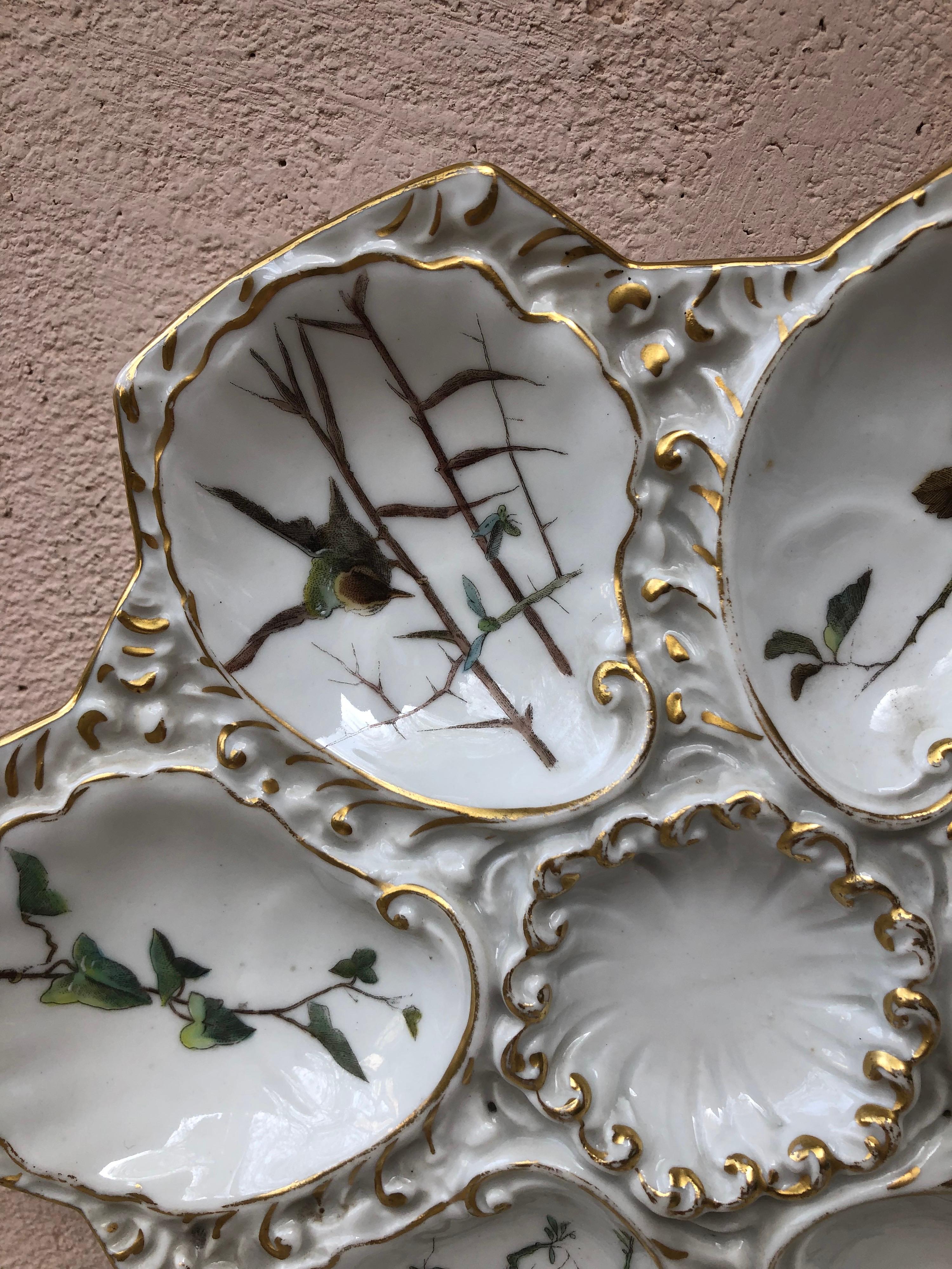 French Porcelain Oyster Plate Limoges With Birds, Circa 1900