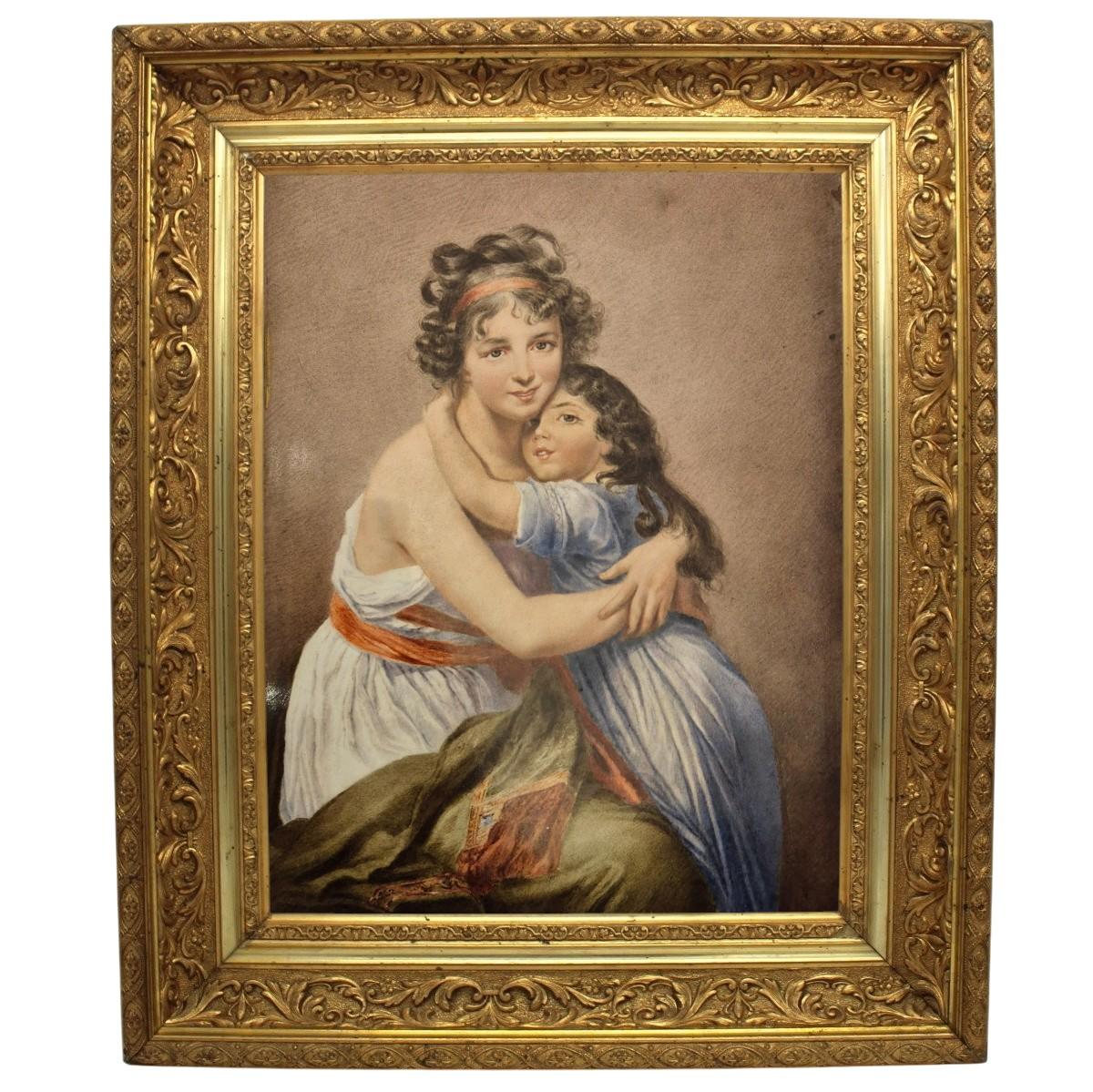 Cette peinture sur porcelaine de style KPM date du XIXe siècle et représente le célèbre tableau Madame Vigée Le Brun et sa fille réalisé par la peintre française Élisabeth Vigée Le Brun en 1789. 

Cet autoportrait a été peint pour Charles Claude de