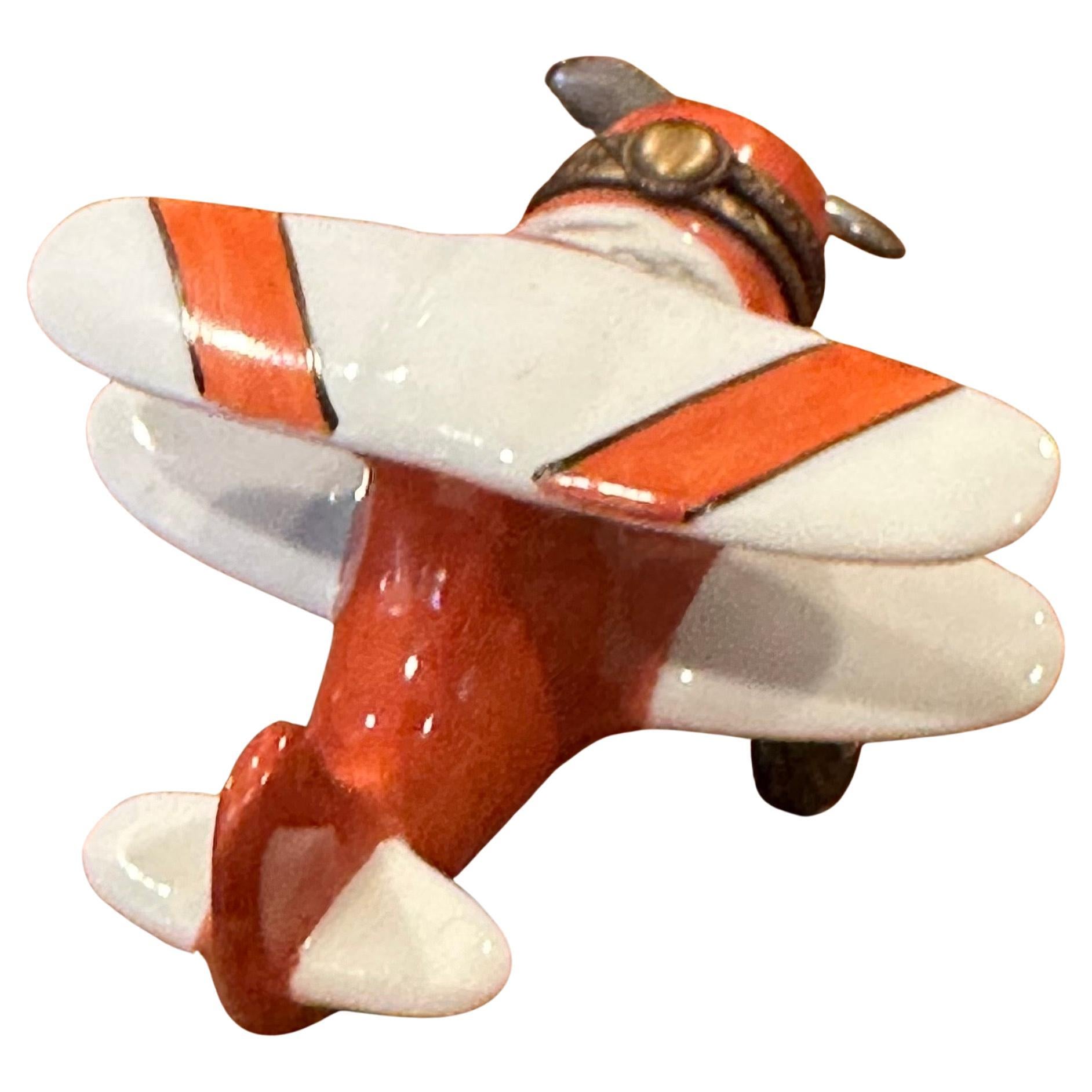 French Porcelain Peint a la Main Vintage Airplane Trinket Box by Limoges For Sale