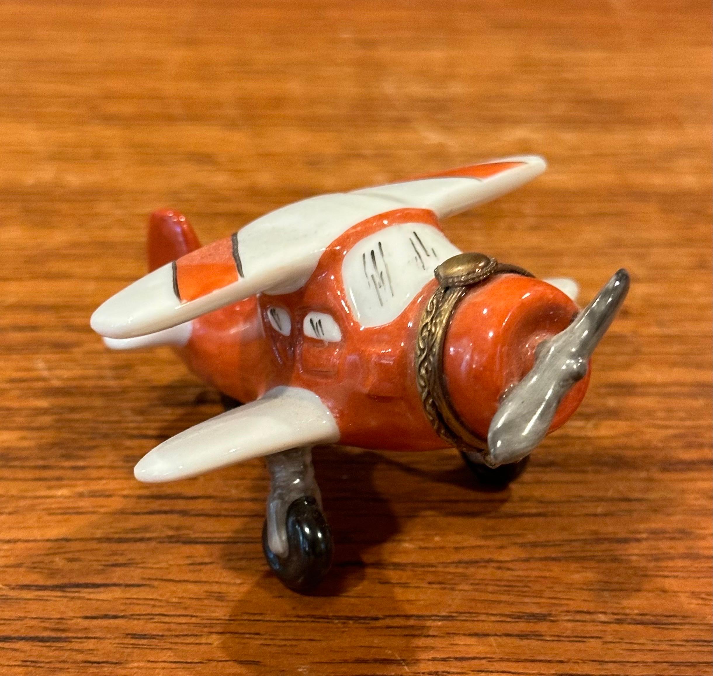 Hand-Painted Porcelain Peint a la Main Vintage Airplane Trinket Box by Limoges For Sale
