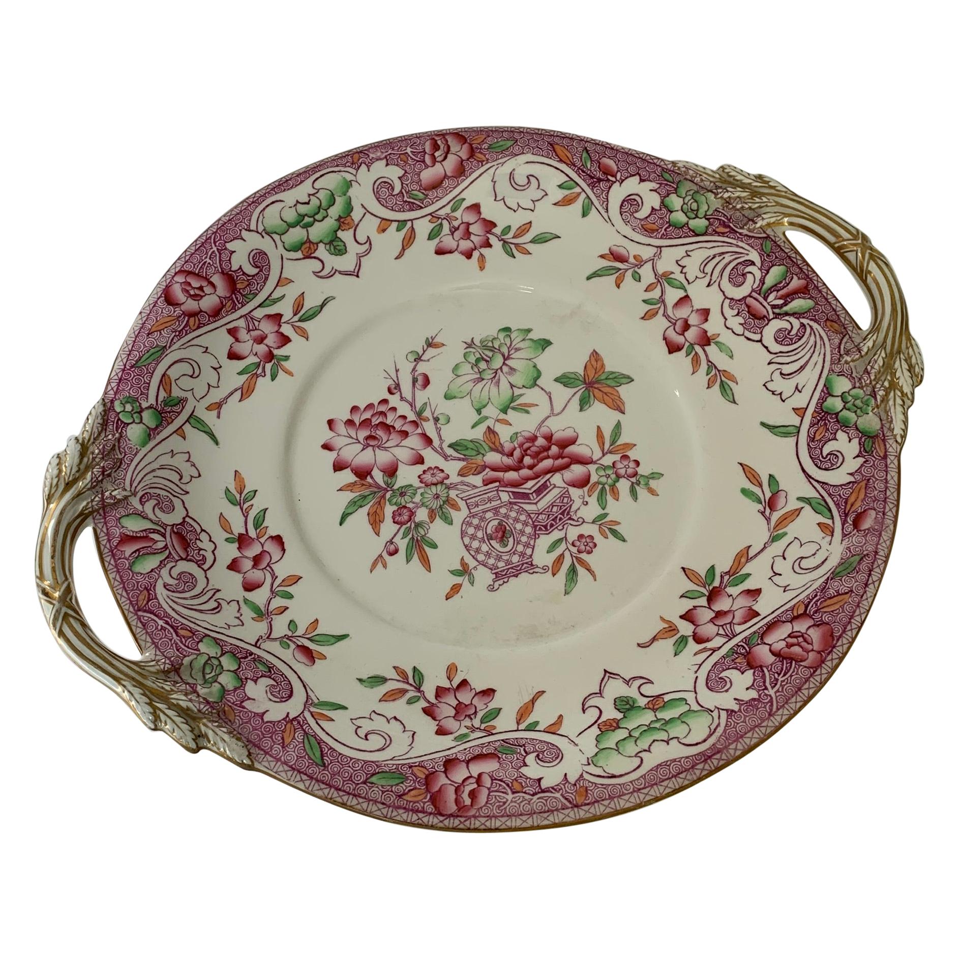 Porcelain Pink and Green Large Cookie or Cake Plate