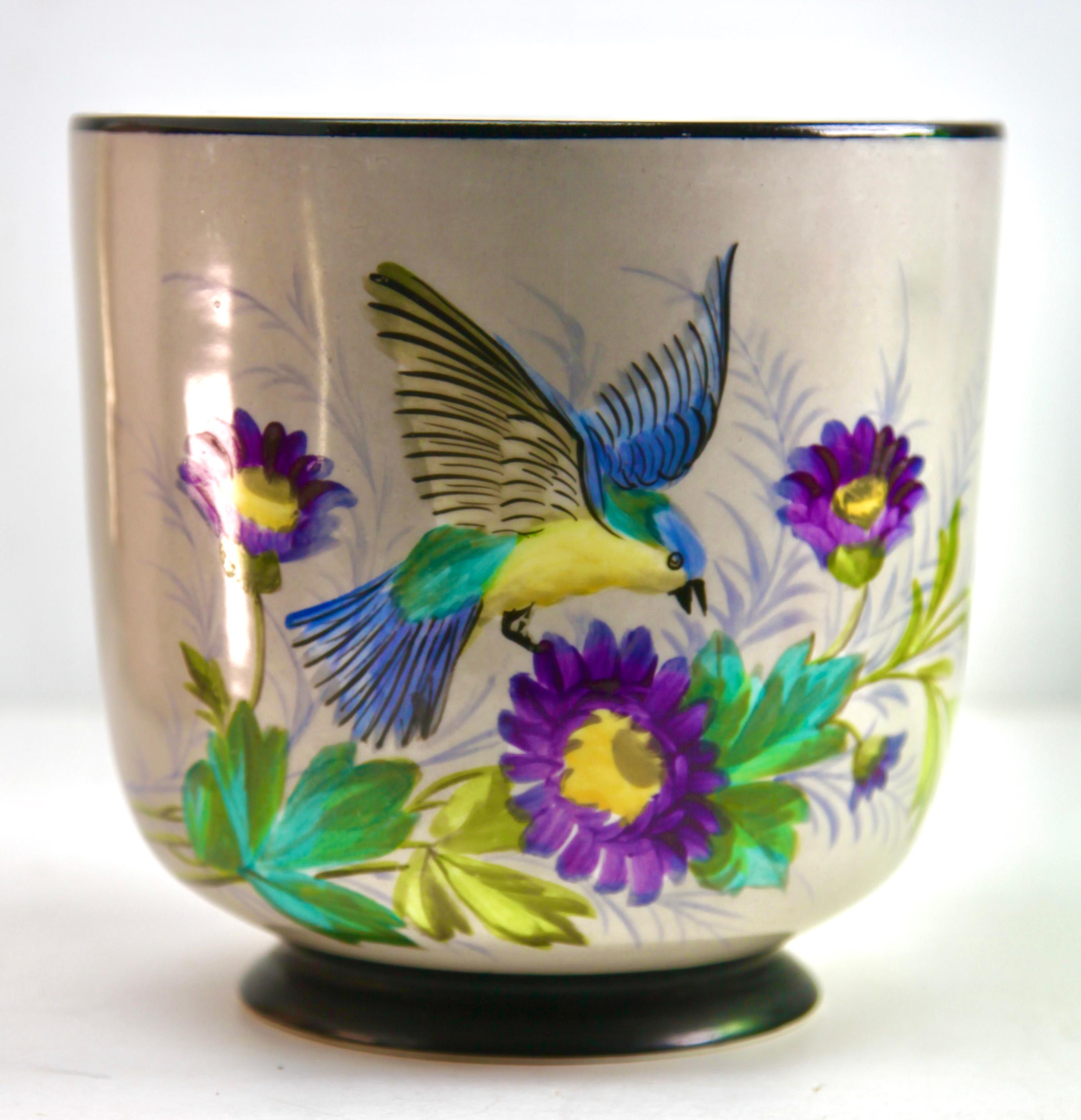 Art Nouveau Porcelain Planter, Cachepot Hand-Painted Whit Bird and Flowers