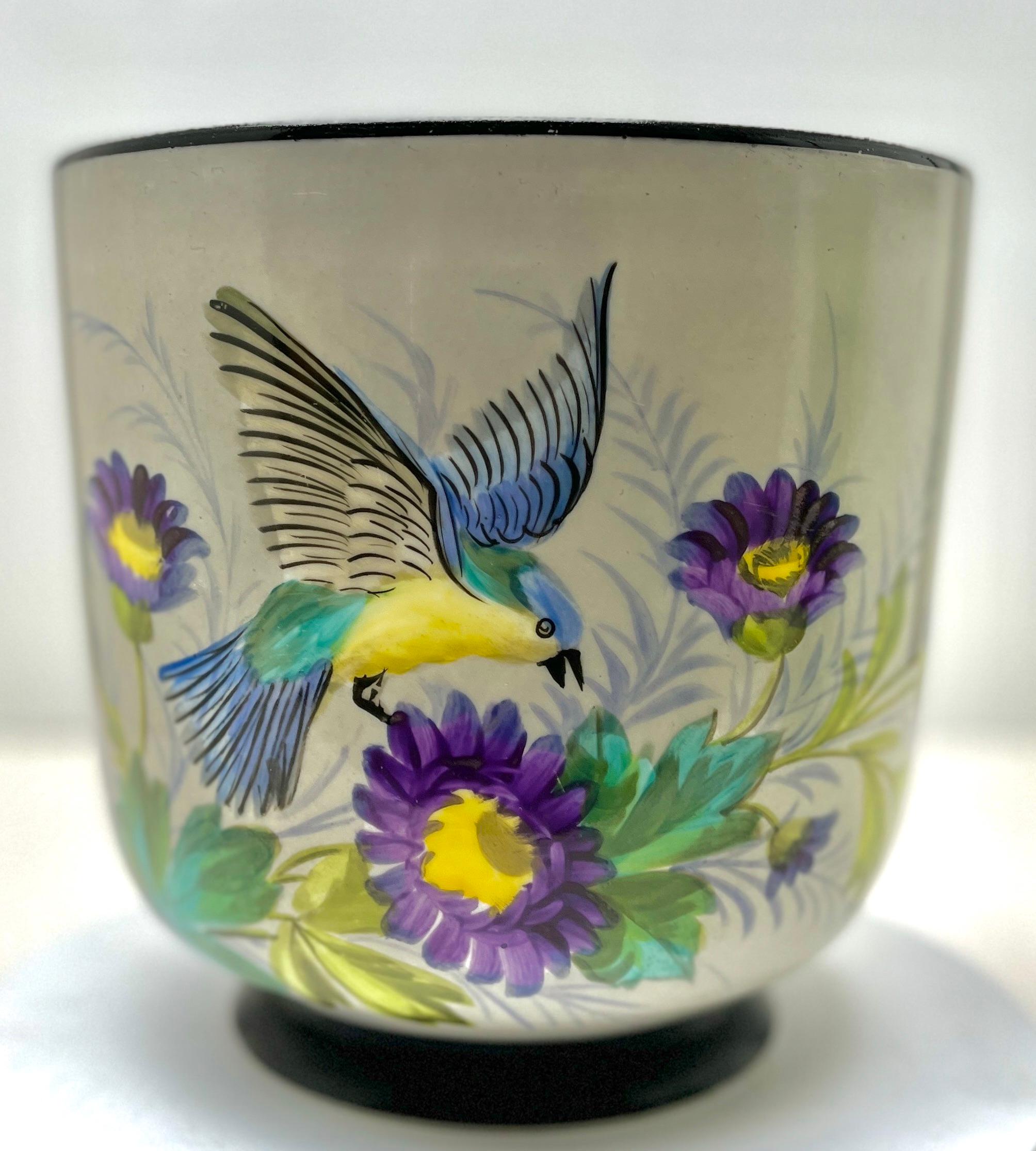 French Porcelain Planter, Cachepot Hand-Painted Whit Bird and Flowers